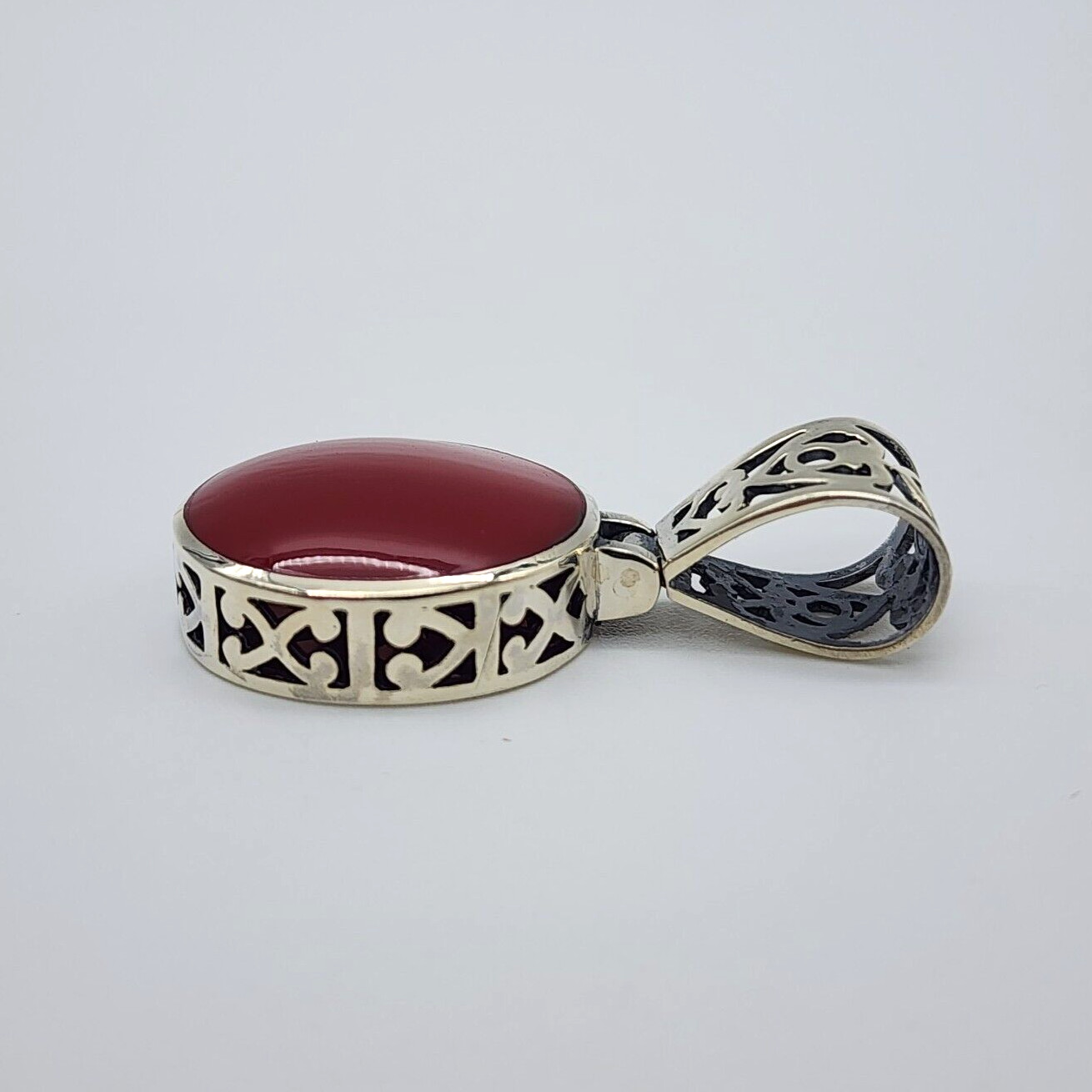 Sterling Silver 925 Red Plastic Resin – Open Work Asian Motif Pendant