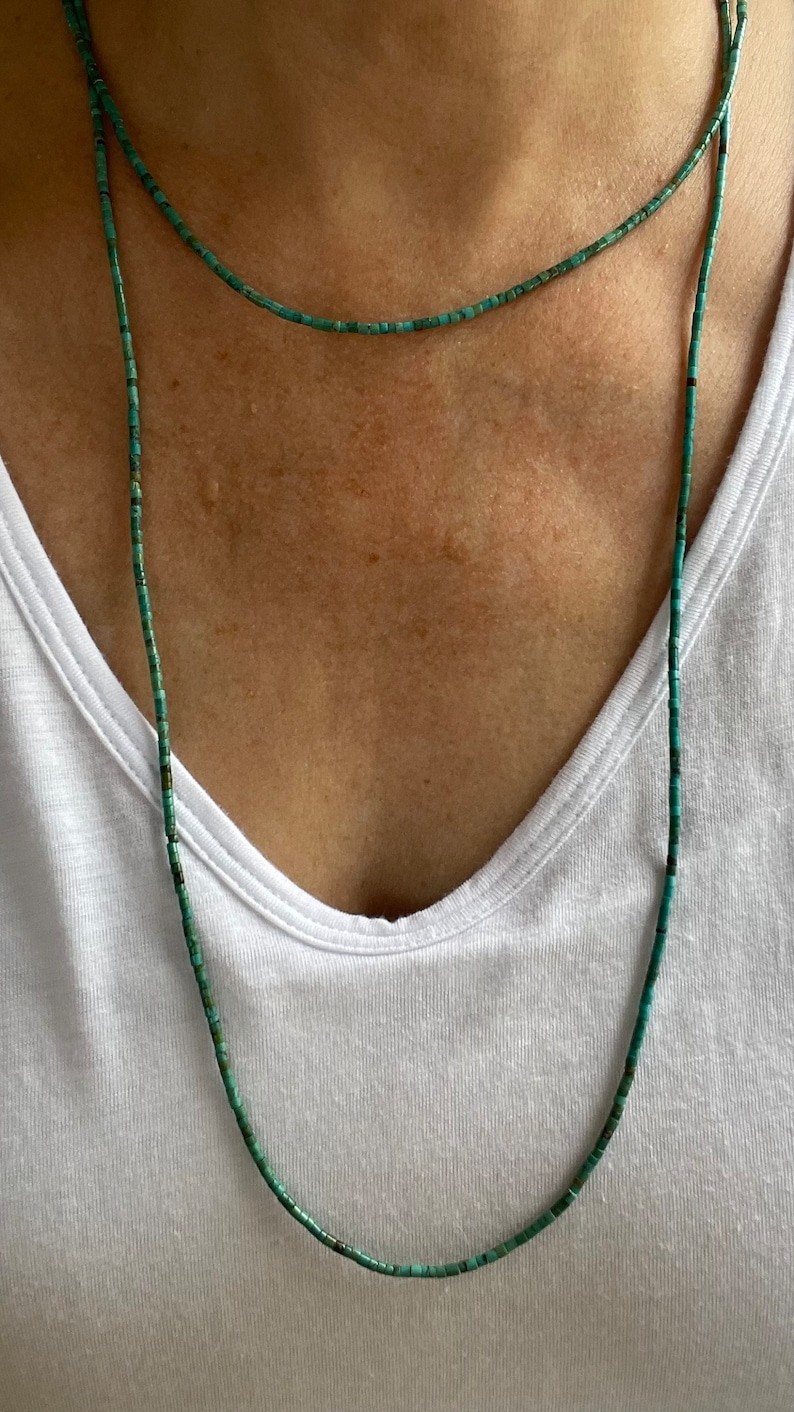 AAA Kingman Turquoise Green Blue 2mm beaded Heishi Necklace Silver Tiny Gift N21