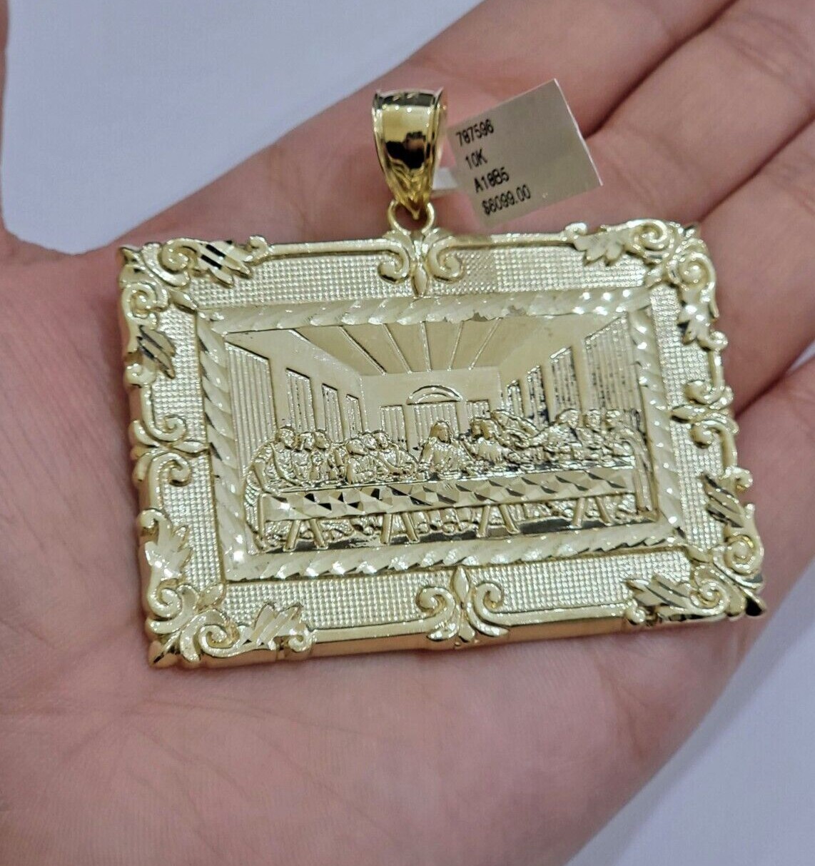 Real 10k Gold Pendant Charm Last Supper Square Jesus 10k Yellow 1.5-3 Inch SALE.