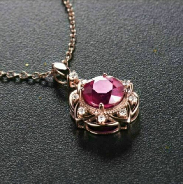 3Ct Round Cut Pink Ruby & Diamond Pendant Necklace 14K Rose Gold Over