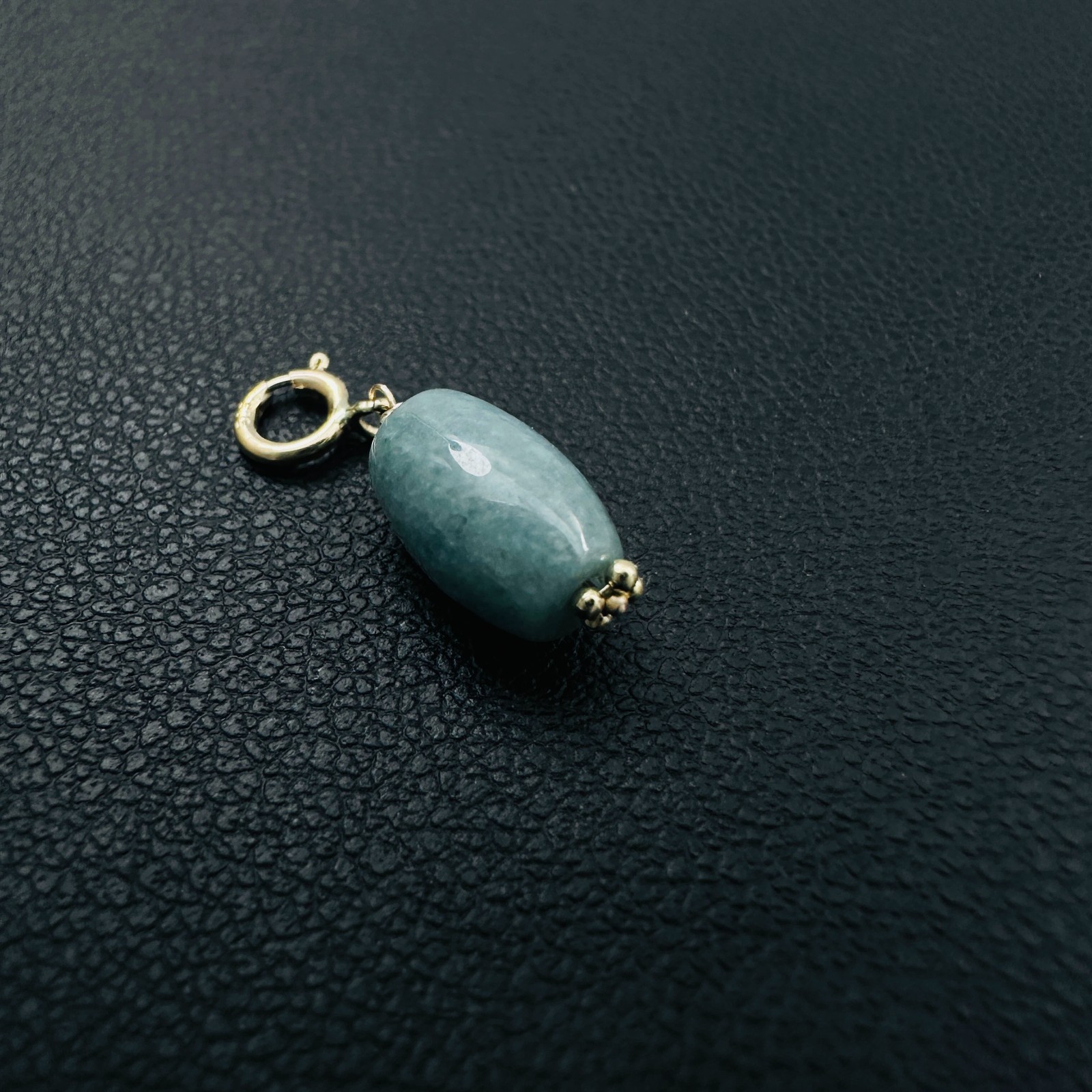 14K Solid Yellow Gold Barrel Blue-Green Jade Small Charm Pendant w/Spring Clasp