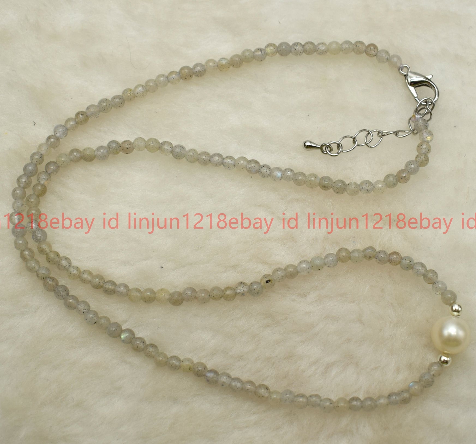 Faceted 3mm Gray Labradorite Round Gemstone Beaded White Pearl Necklace 16-28in