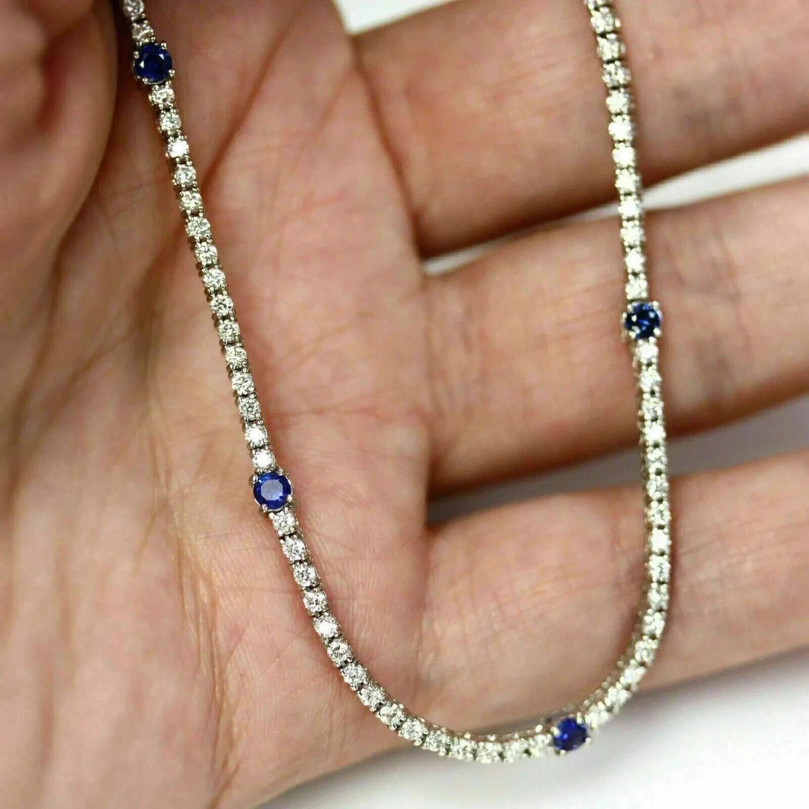 8Ct Moissanite Diamond & Sapphire Tennis Women’s Necklace 14K White Gold Plated