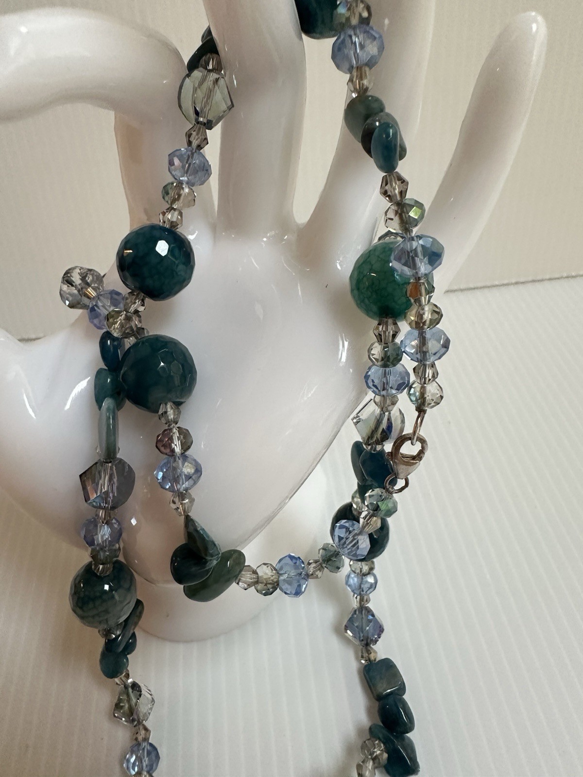 925 STERLING SILVER CLASP CHRYSOBERYL INDICOLITE STONES GREEN BLUE 34” NECKLACE