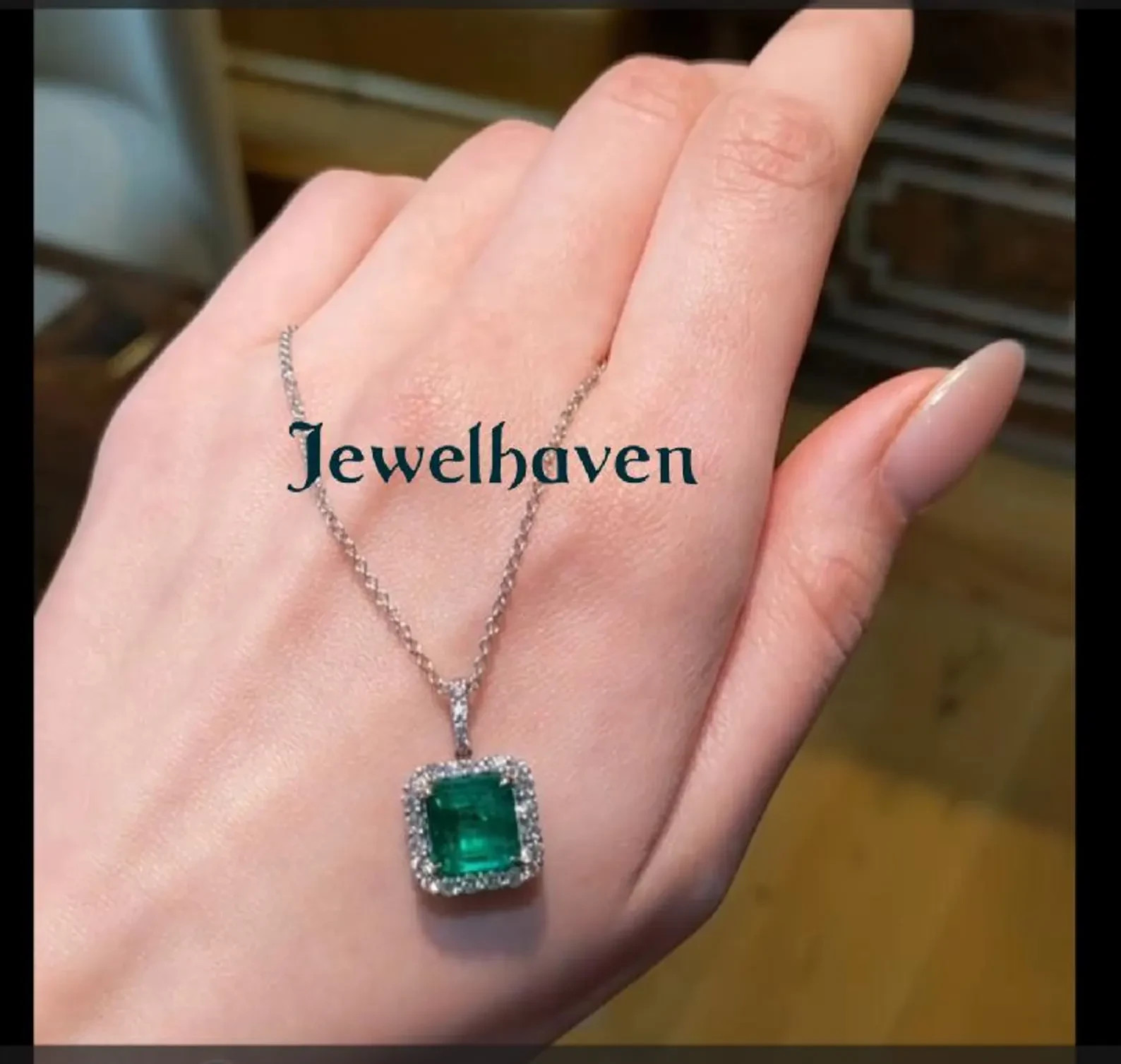 Emerald Halo Pendant Necklace, 925 Sterling Silver Chain, May Birthstone Jewelry