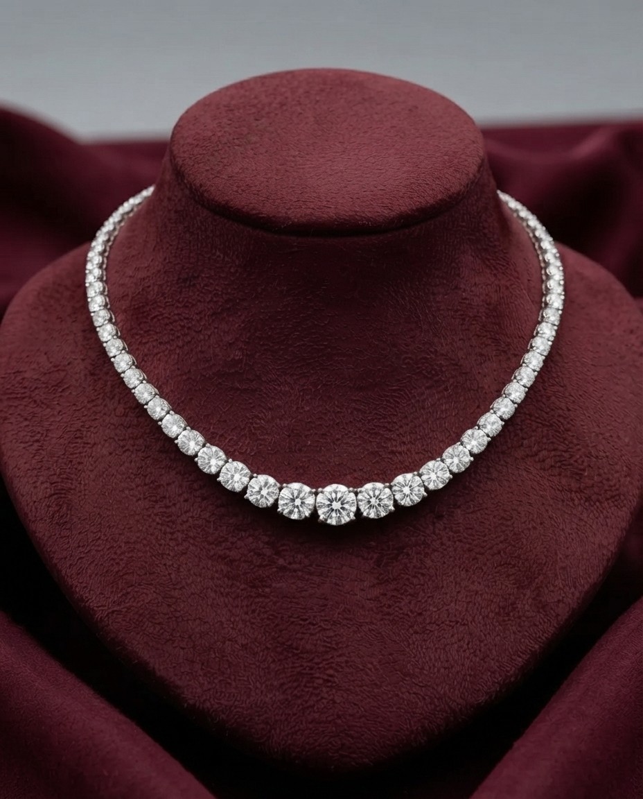 32.00Ct Graduated Moissanite Tennis Necklace, 14K White Gold Plated Round Cut