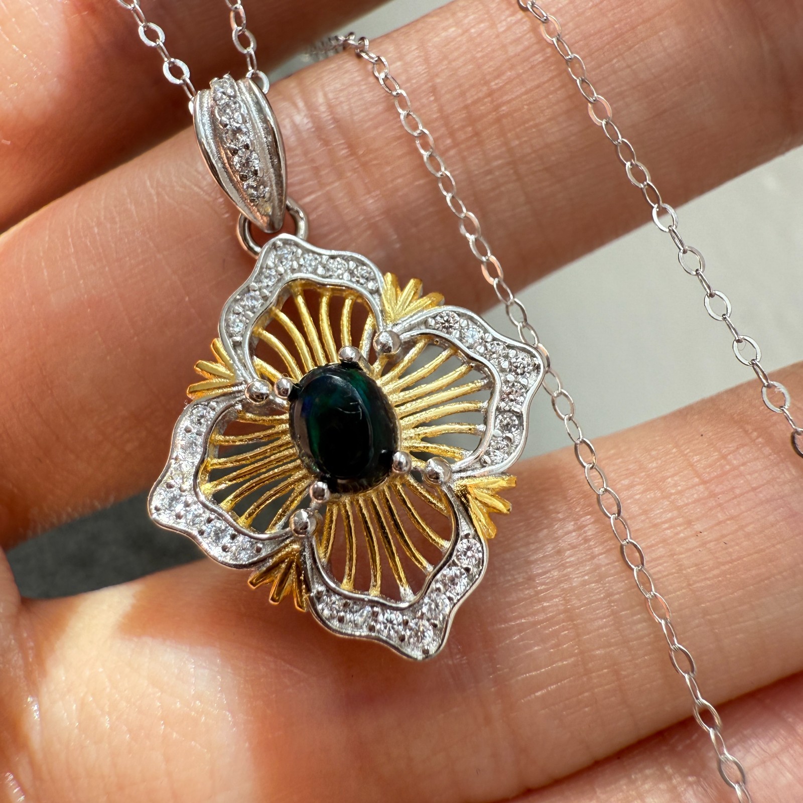 925 Sterling Silver Necklace 5x4mm Natural Black Opal 14K Gold Plated Flower NEW