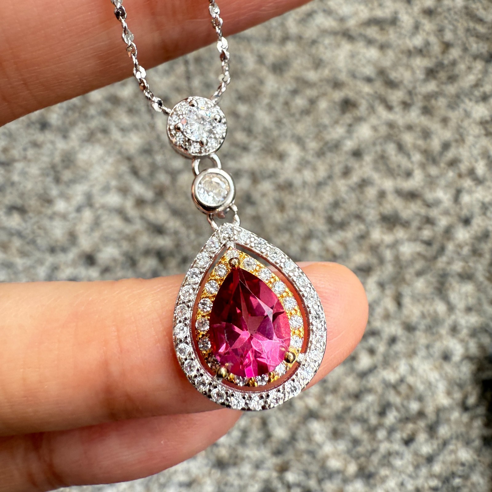 925 Sterling Silver Necklace 8x6mm Natural Pink Topaz Gemstone Zircon Teardrop