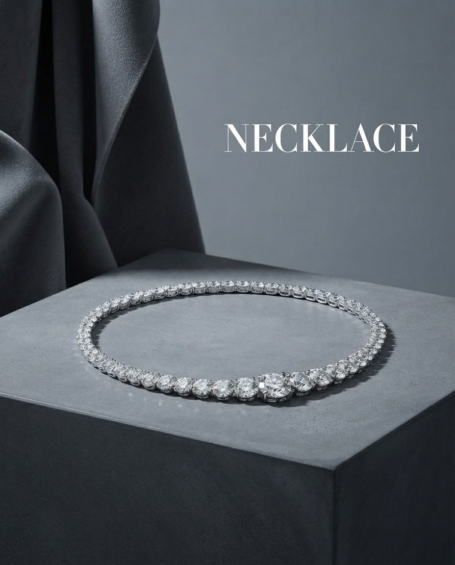 32.00Ct Graduated Moissanite Tennis Necklace, 14K White Gold Plated Round Cut