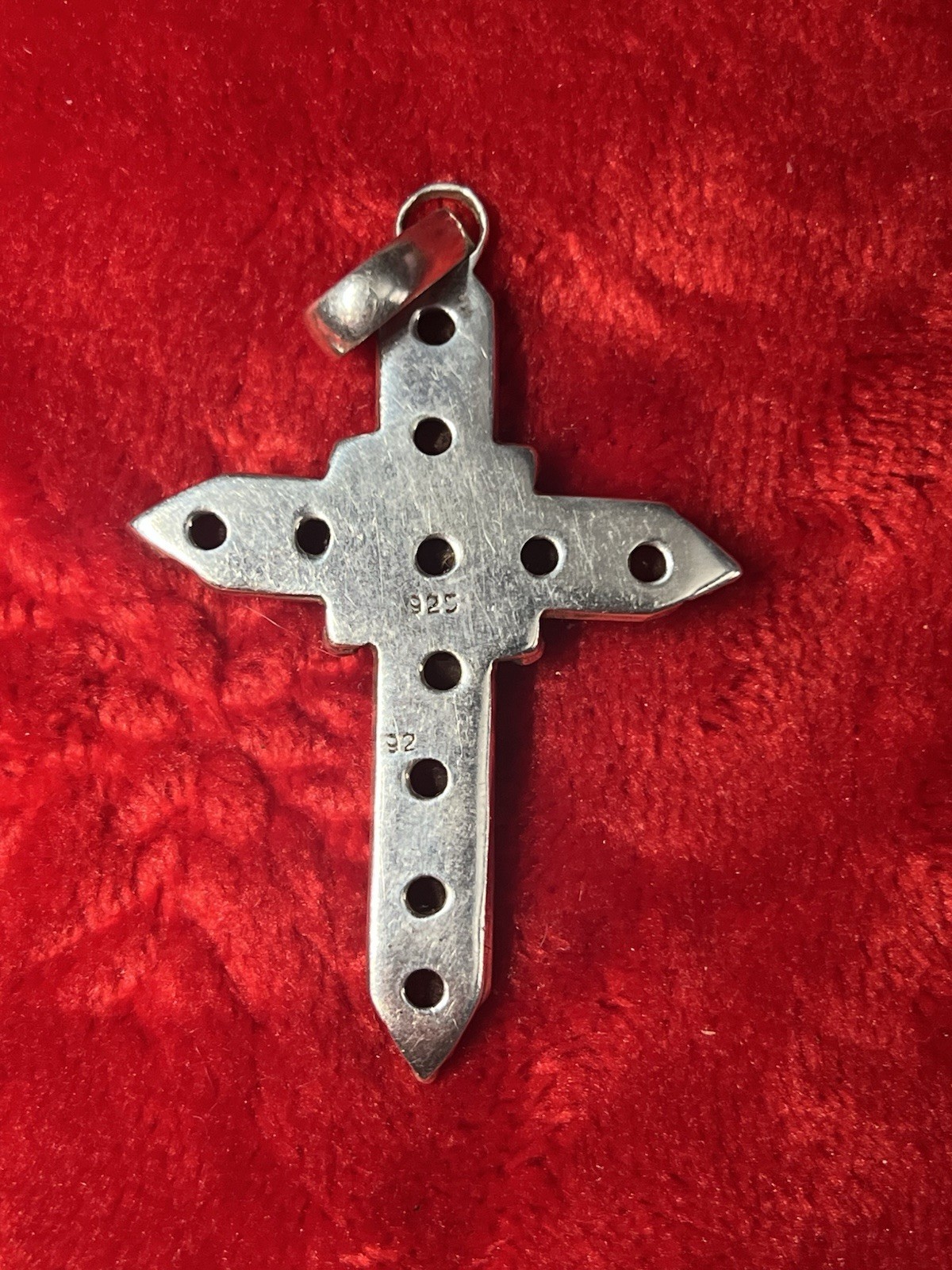 Silver Cross Pendant with Deep Red Stones Stamped 925 Sterling Silver