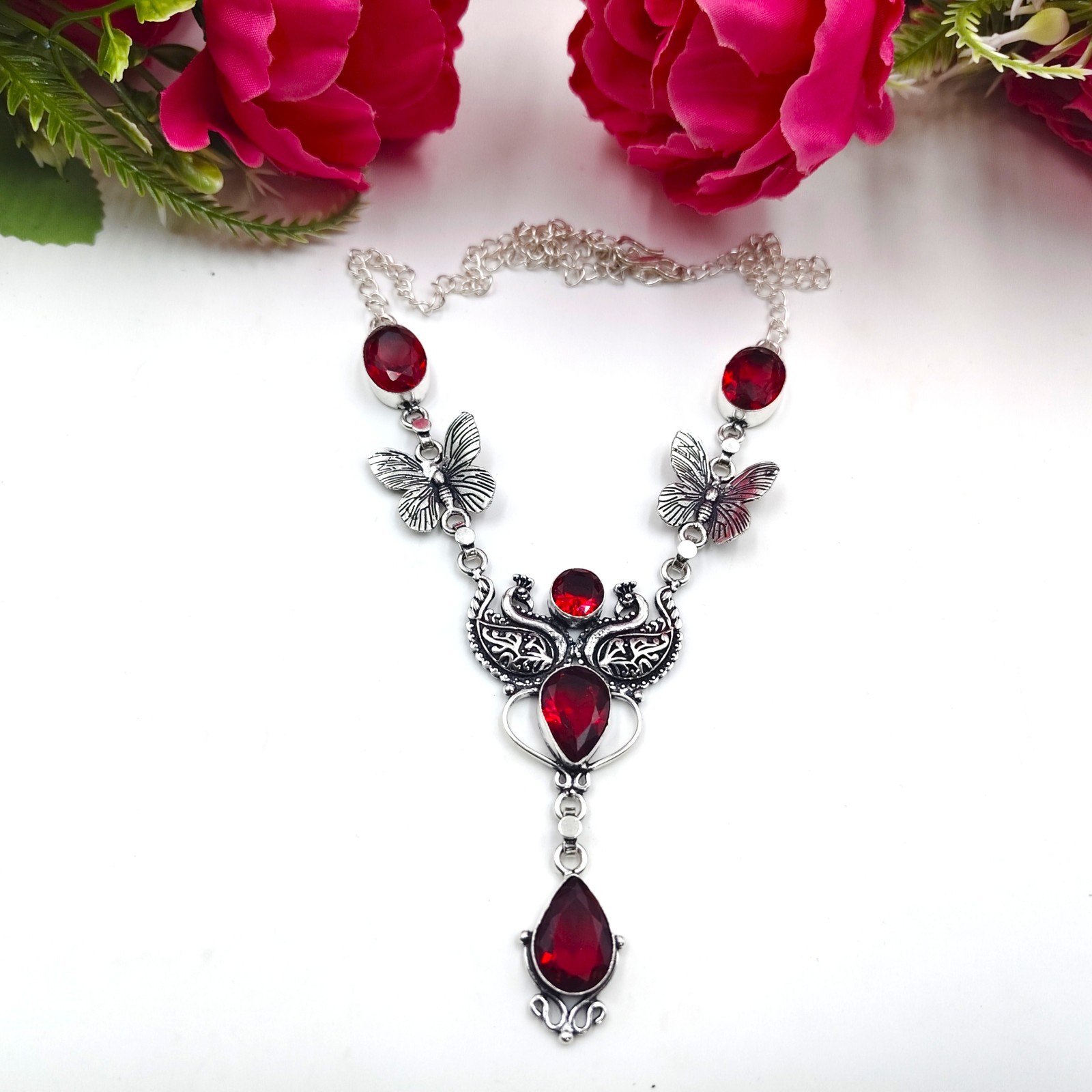 Red Garnet Gemstone Handmade 925 Sterling Silver Jewelry Necklace Size-17-18″