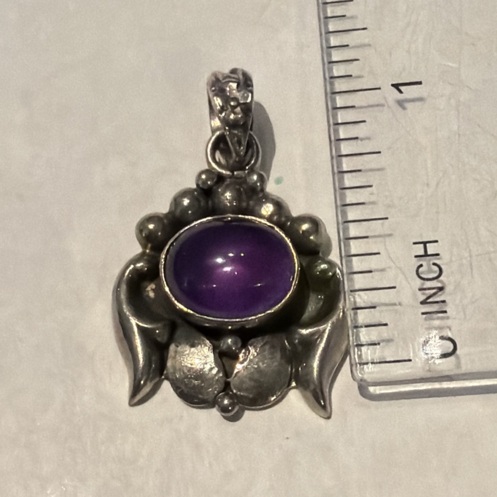 Sterling Silver 925 Amethyst Cabochon Pendant Purple Gemstone Asymmetrical