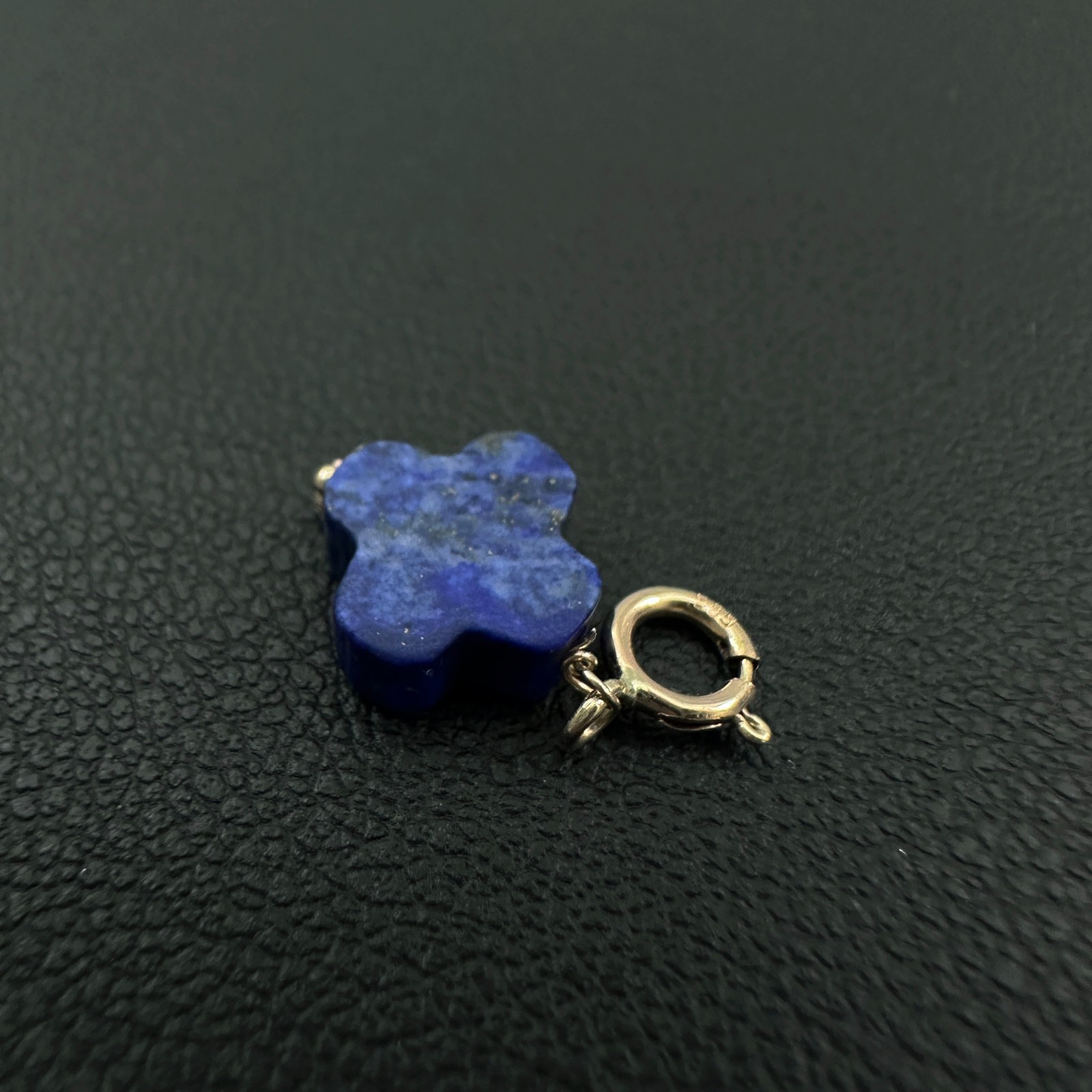 14K Solid Yellow Gold Lapis Lazuli Clover Small Charm Pendant w/Spring Clasp