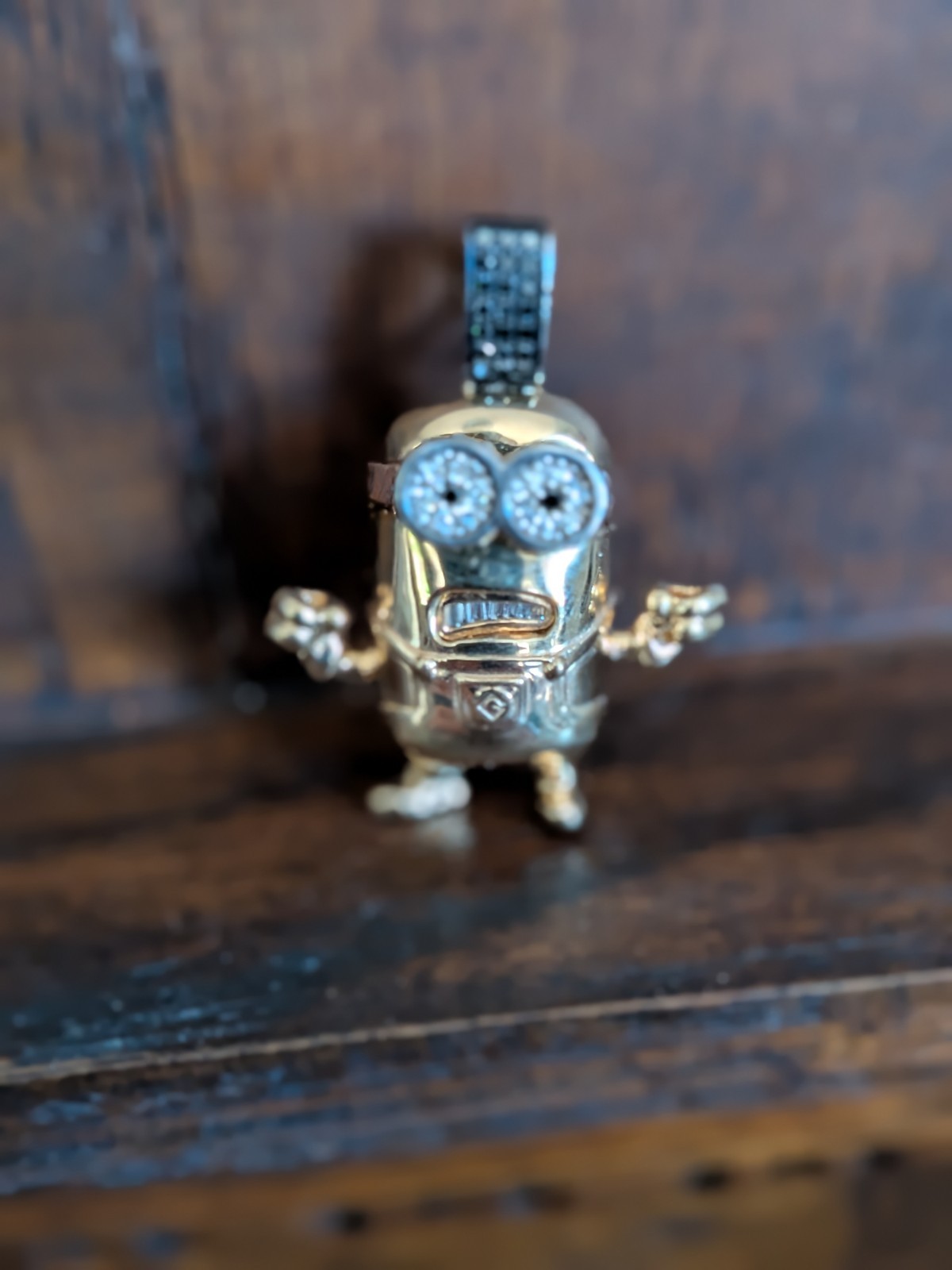 One of a Kind 14k Gold Minion Pendant White & Black Diamond 15.11g