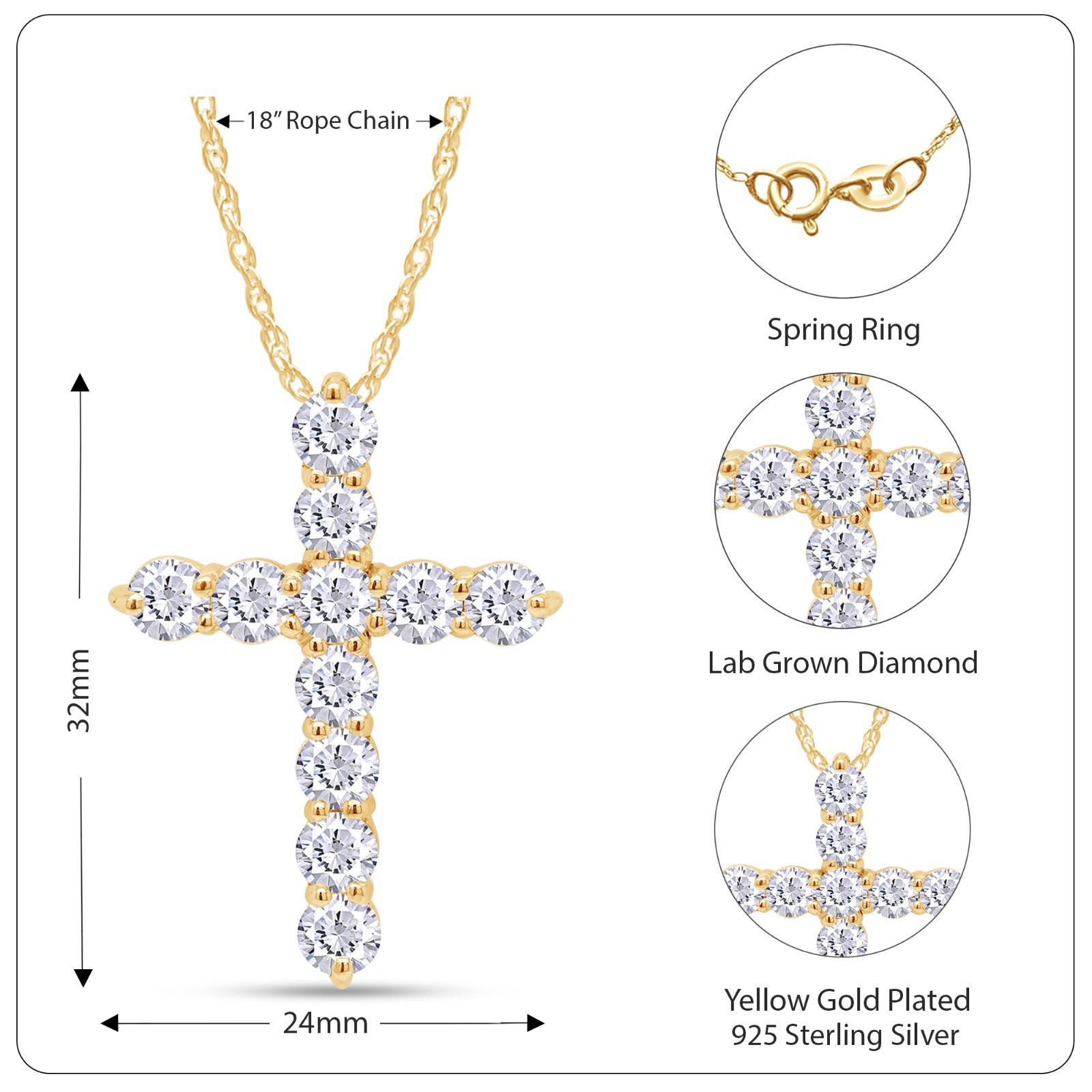 3.00 Ct TW Lab Grown Diamond Cross Women’s Necklace 14K Yellow Gold Clad