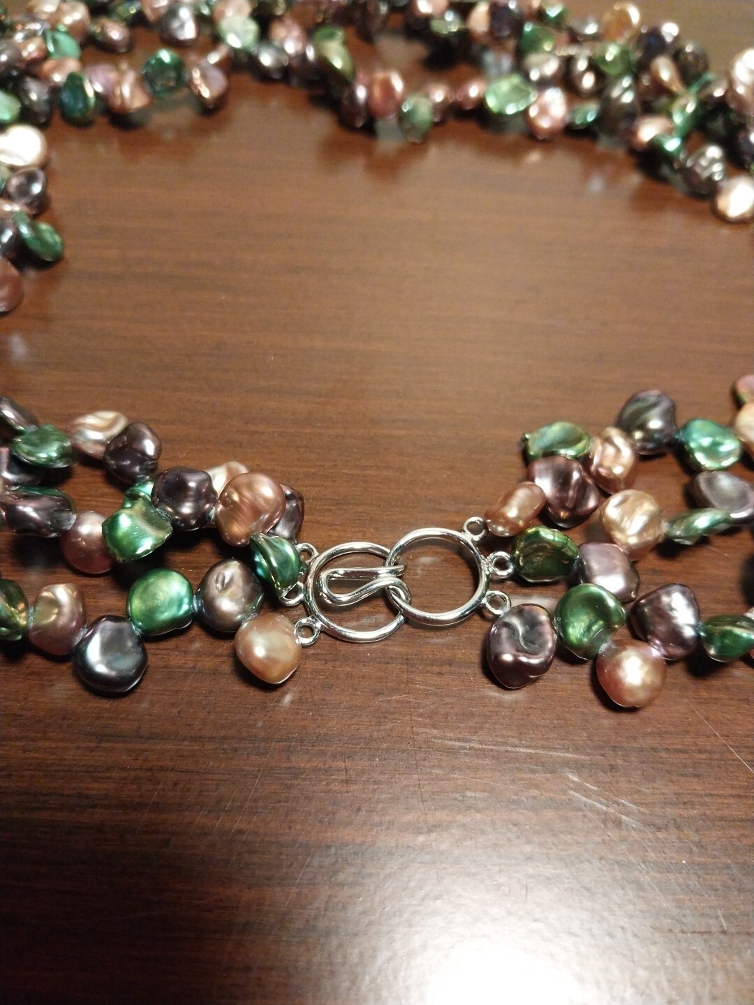 925 Signed Triple Strand Green Brown Champagne Pearl Bead Necklace 17in