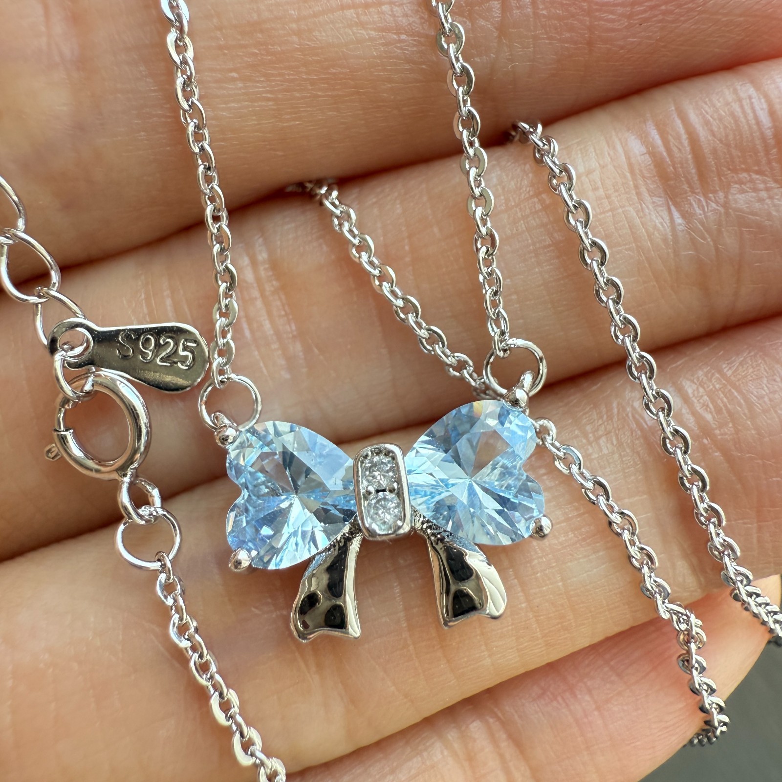 925 Sterling Silver Necklace 6mm Heart Natural Topaz Gemstone Zircon Chain Bow