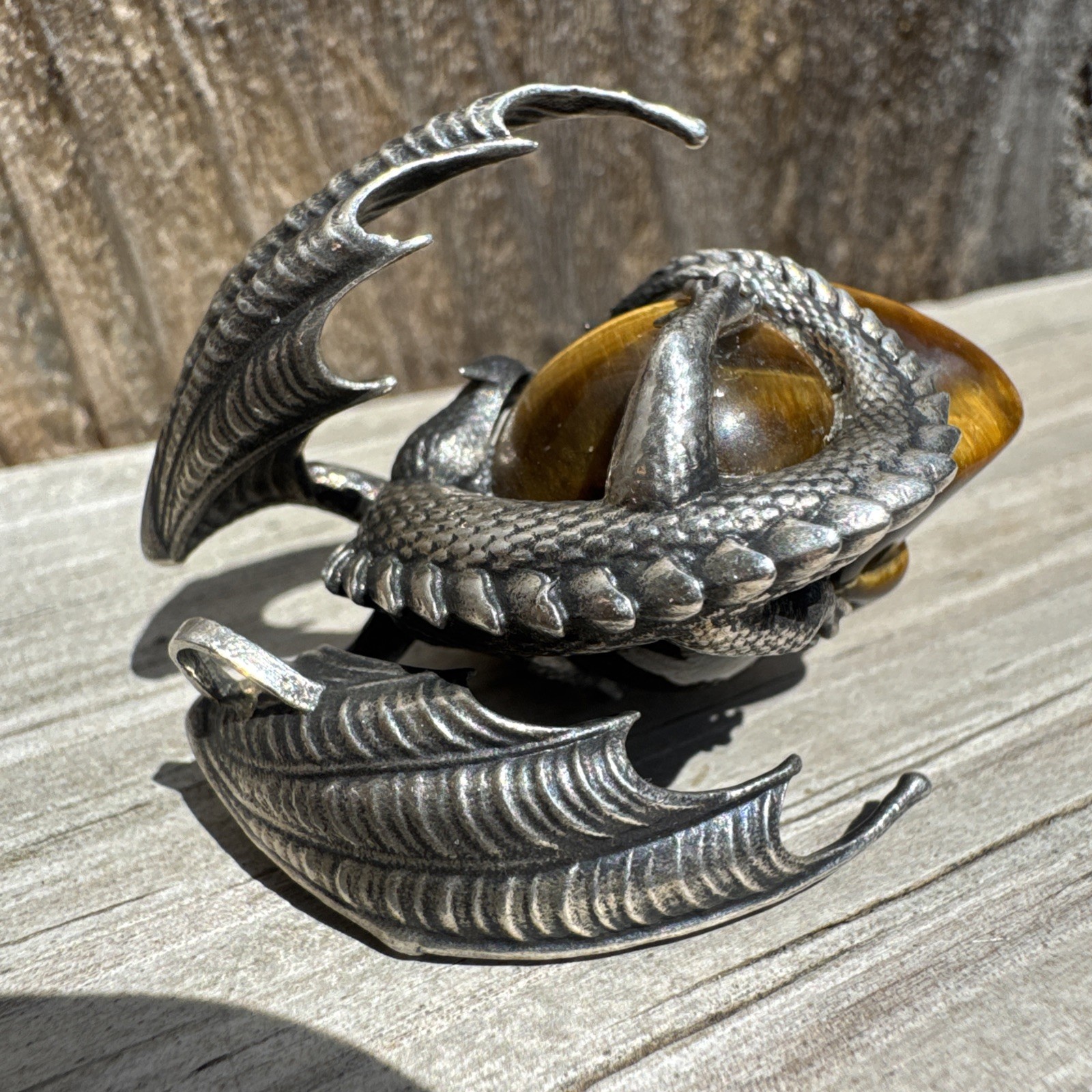 SKULLIS Tiger’s Eye Gemstone Carved SKULL and 925 Sterling Dragon Pendant