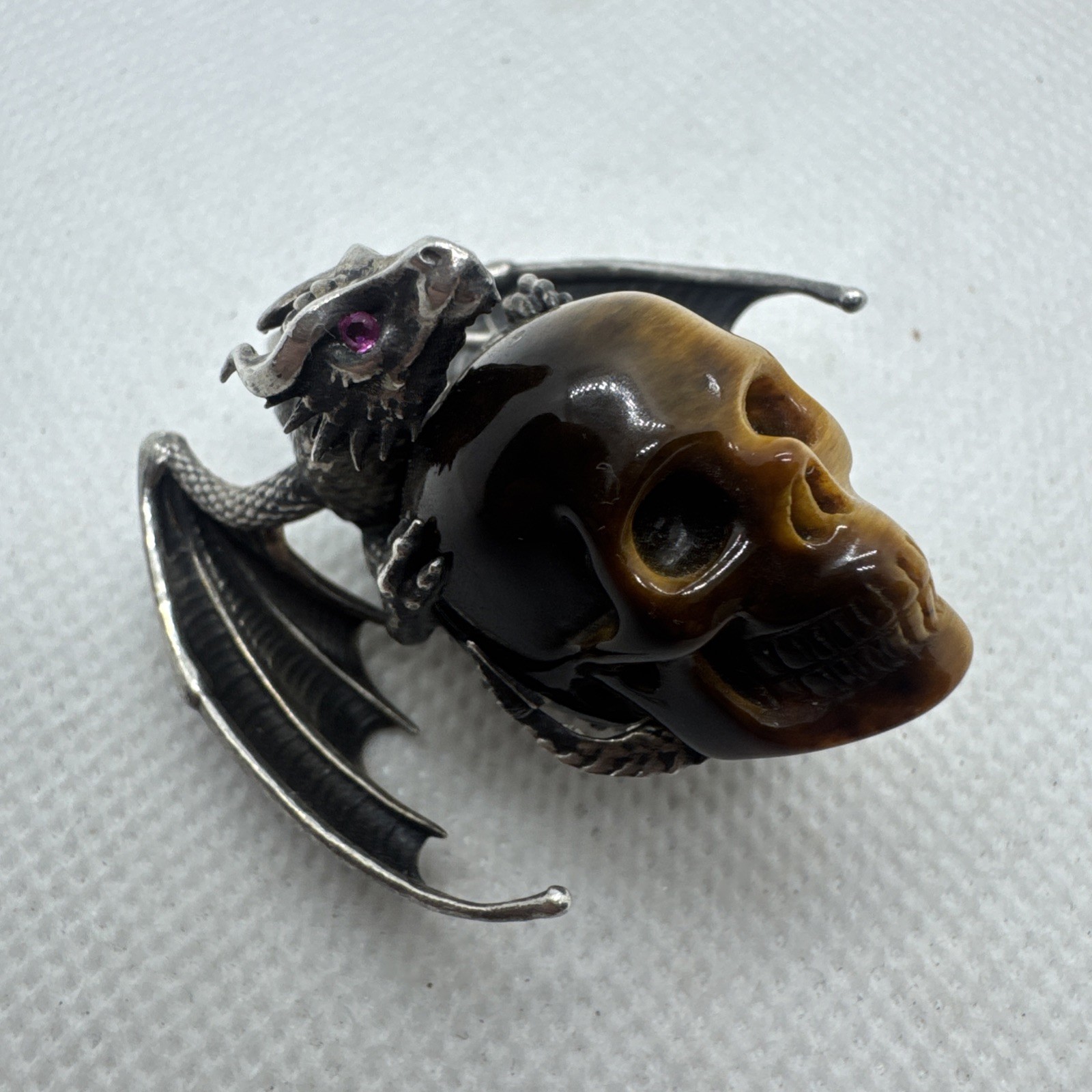 SKULLIS Tiger’s Eye Gemstone Carved SKULL and 925 Sterling Dragon Pendant