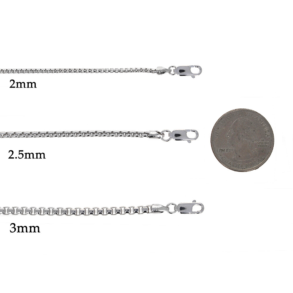 Sterling Silver, 3mm Round Box Chain, Made in Italy .925 16″ 18″ 20″ 22″ 24″ 30″