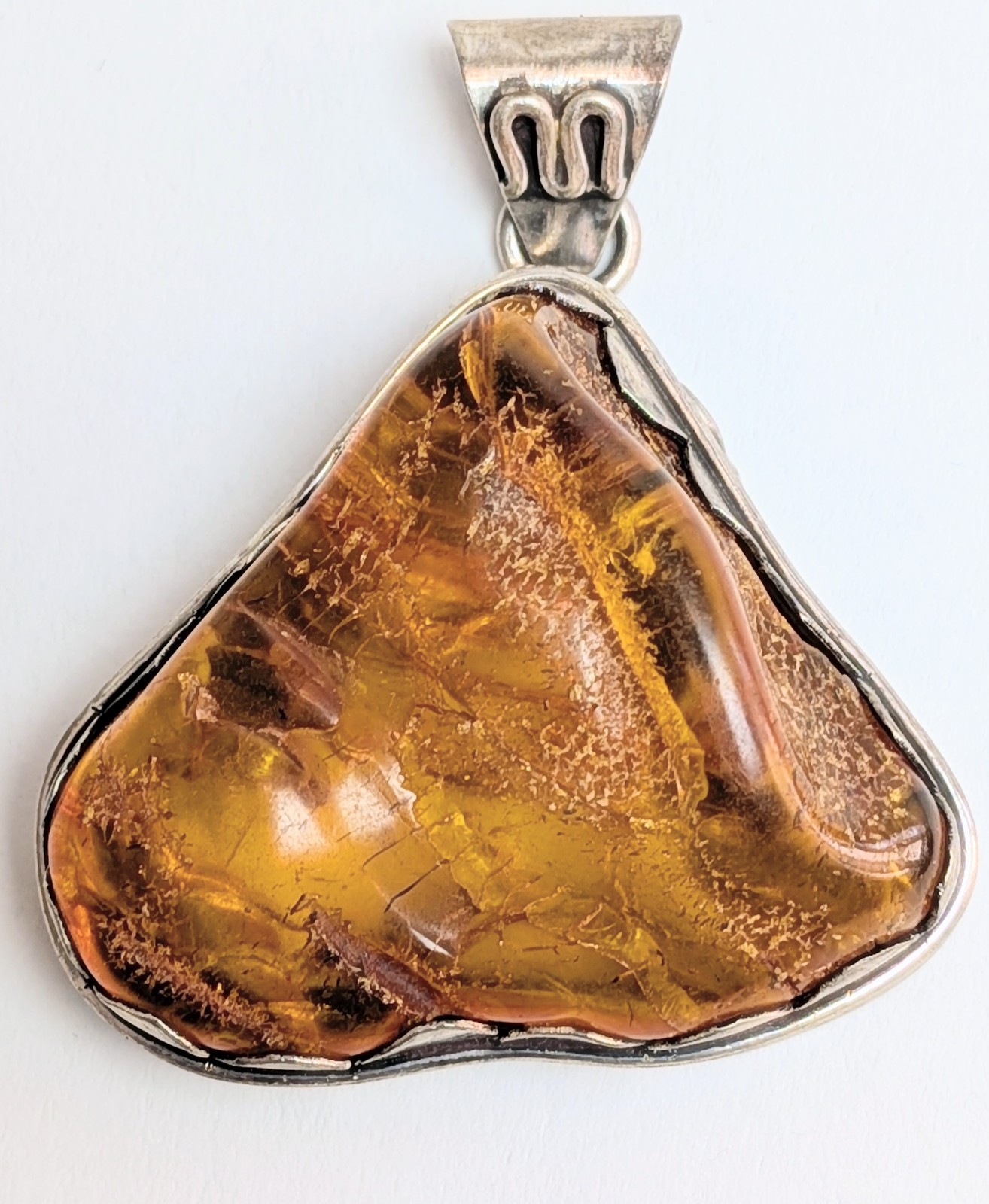 Vintage Amber Sterling Silver Pendant Free Form Organic Artisan Crafted Nepal