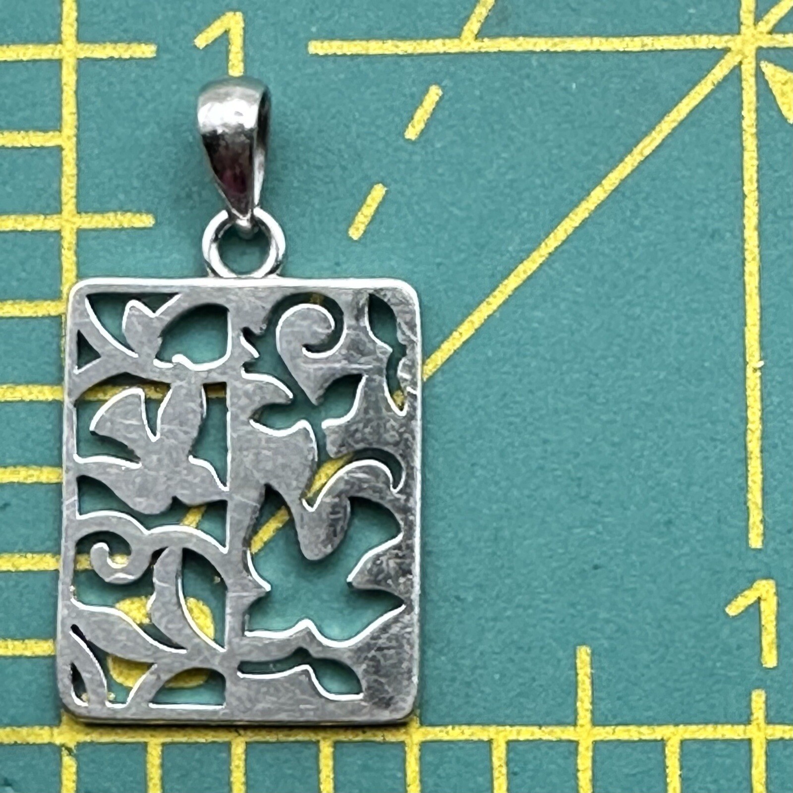 Flying Birds Rectangular Pendant 925 Sterling Silver Cut Out Open Work Leaves