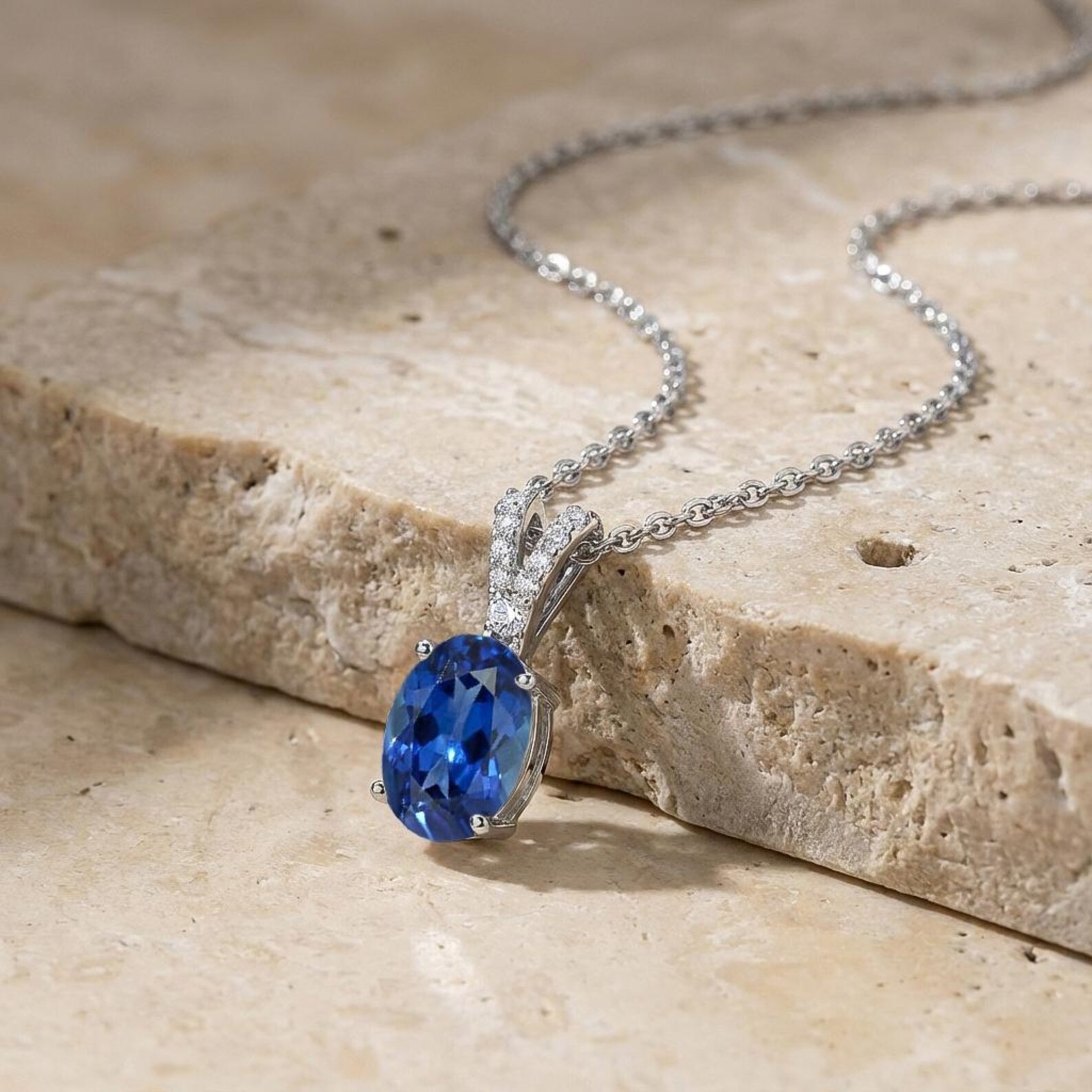 3.20 Ct Oval Cut Natural Sapphire Diamond Gorgeous Pendant 14K White Gold