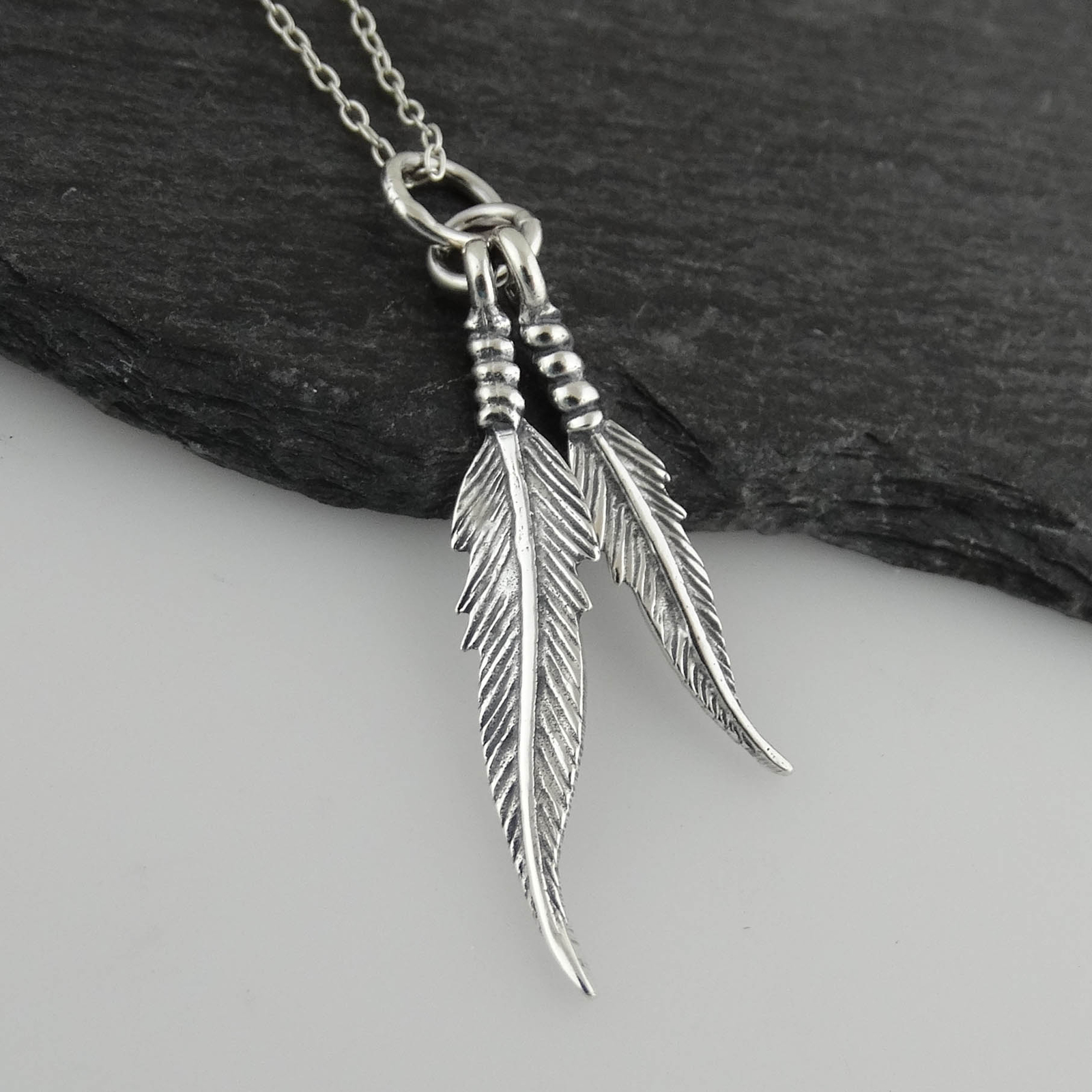 Double Feathers Necklace – 925 Sterling Silver – Pendant Feather Bird Gift NEW