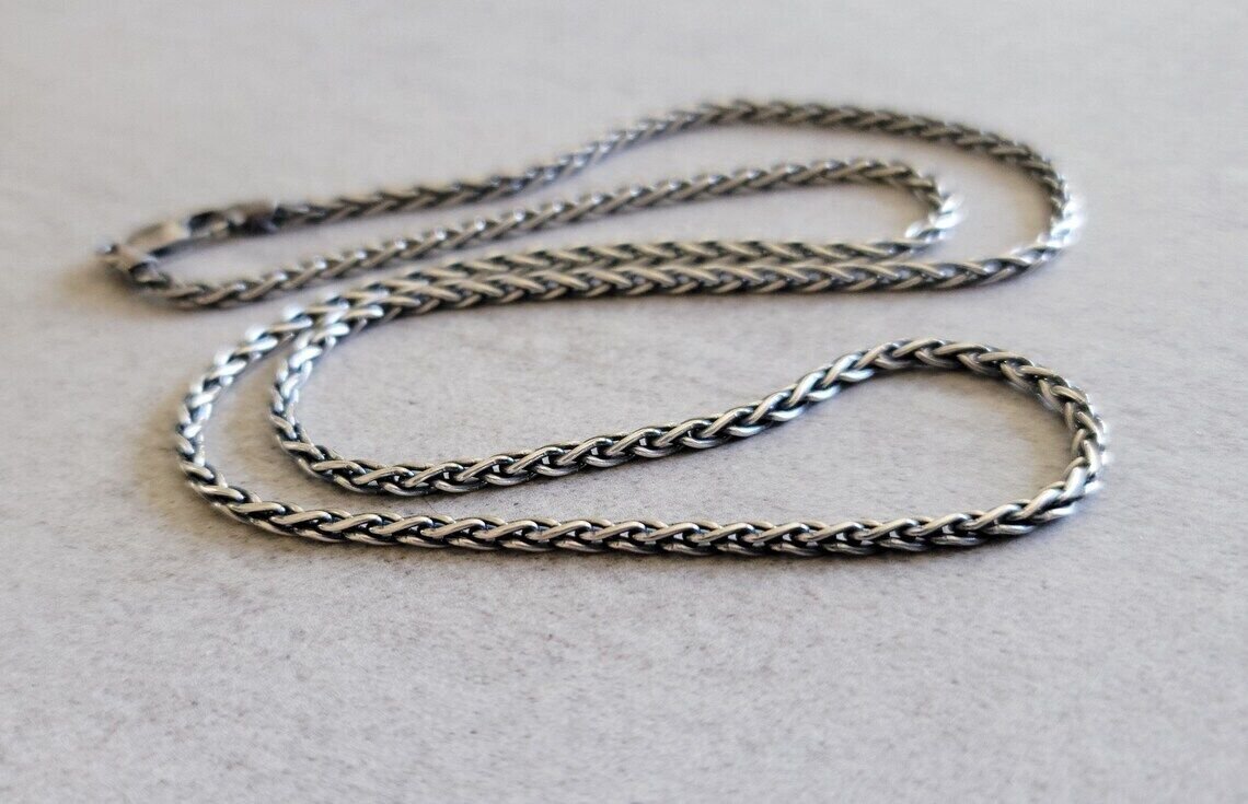 Solid 925 Oxidized Sterling Silver Italian Spiga Wheat Chain 2mm