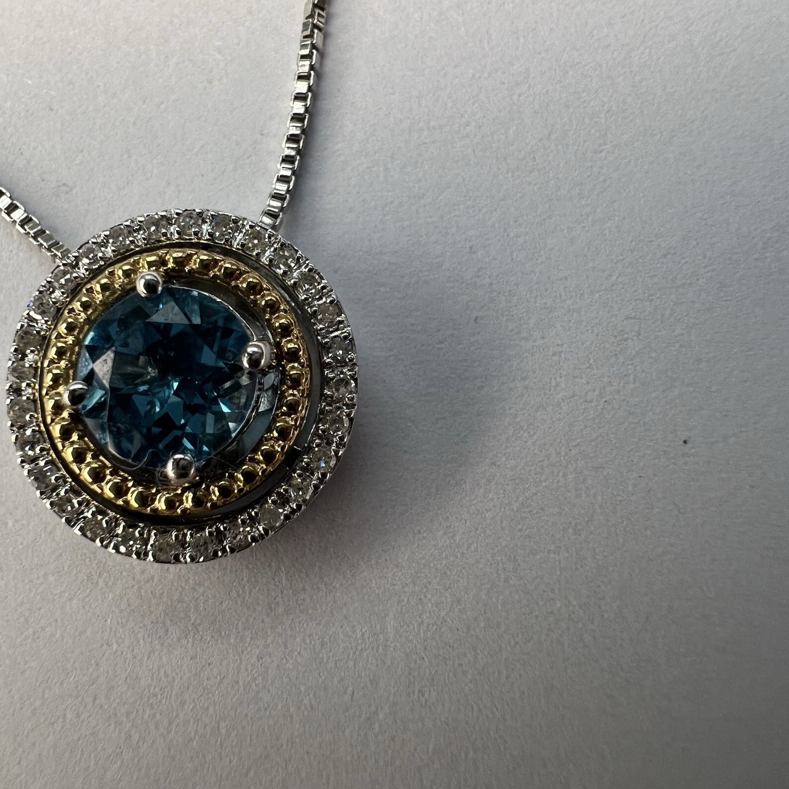 Blue Topaz Diamond Halo Pendant Necklace 925 Sterling Silver And 14K Gold NWT