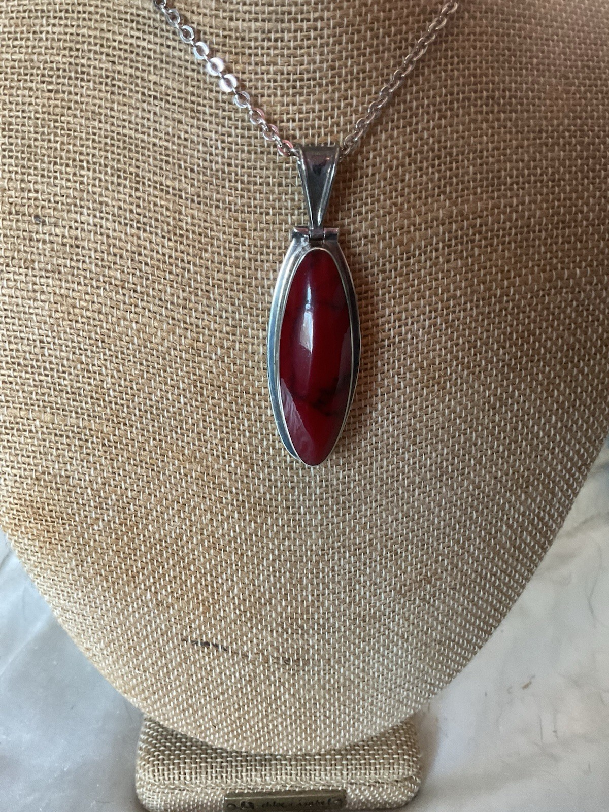 Sterling Silver 925 Red Jasper JRI Mexico Marquise Navette Pendant and Chain