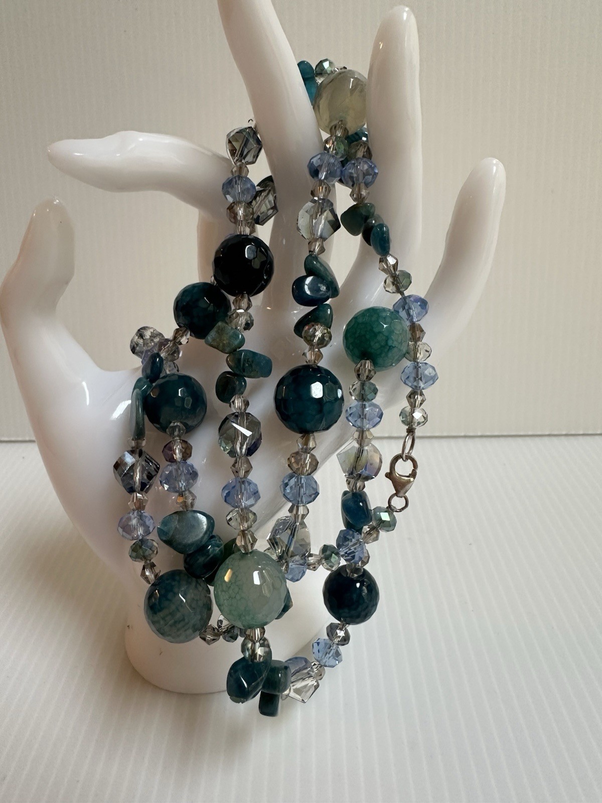 925 STERLING SILVER CLASP CHRYSOBERYL INDICOLITE STONES GREEN BLUE 34” NECKLACE