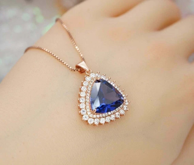 Lab Created Tanzanite 3Ct Trillion Cut Double Halo Pendant 14K Rose Gold Plated