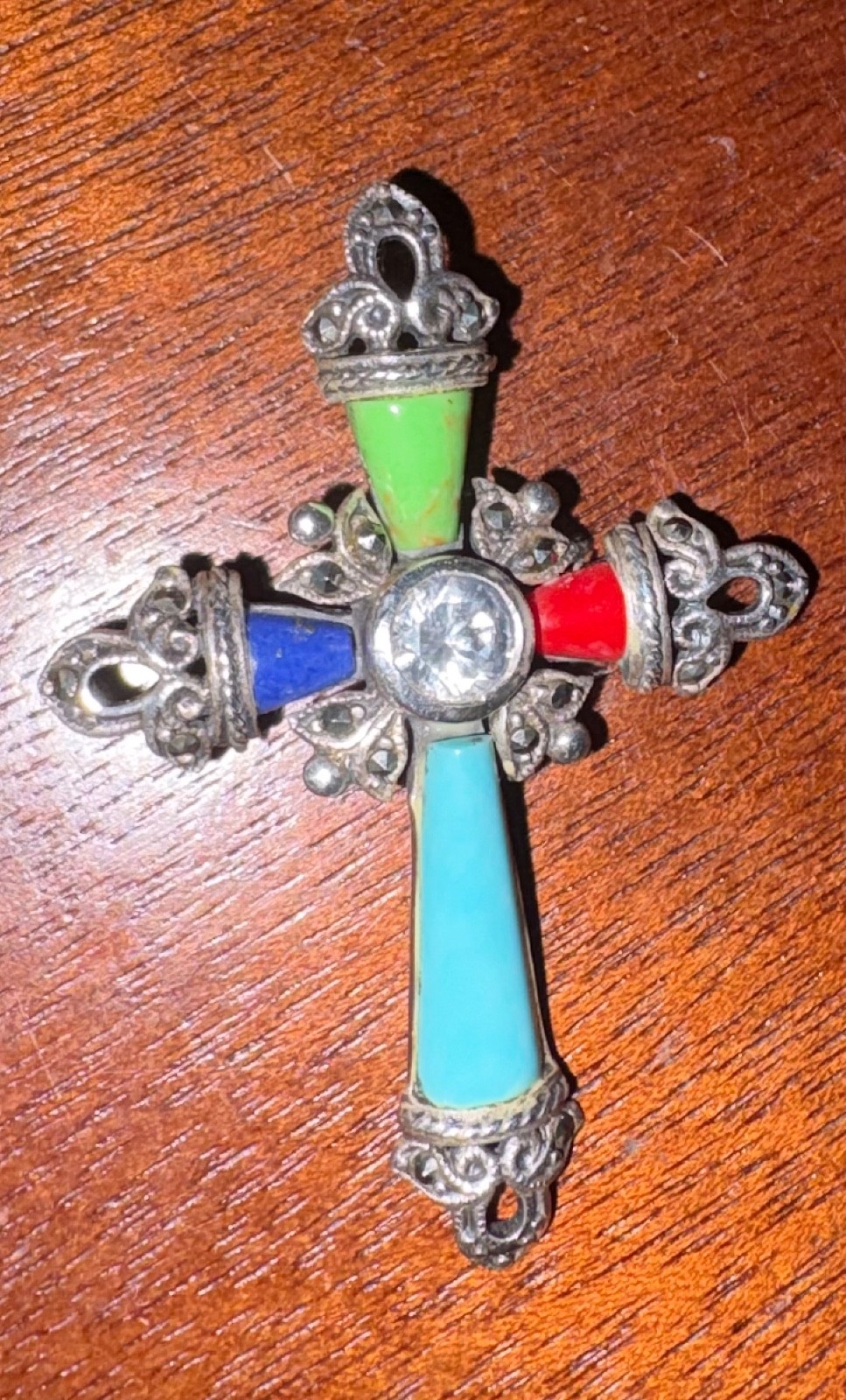 925 Sterling Silver Cross Pendant Turquoise Coral Lapis 2″ 7.16 grams CZ Gemston