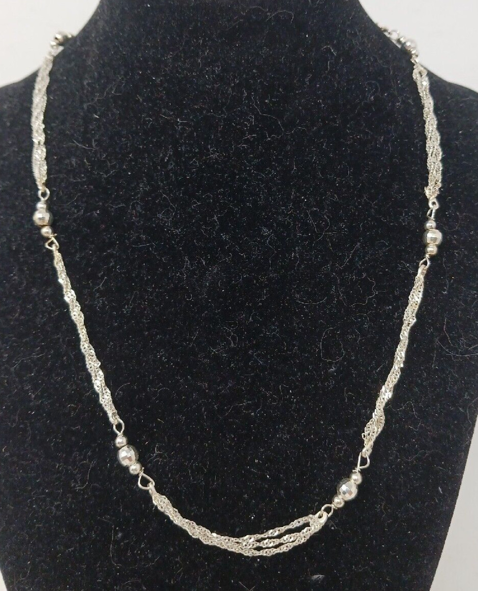 Fancy 925 Sterling Silver 3 Strand W/Facited Balls Necklace 18” Singed FAS #G-6