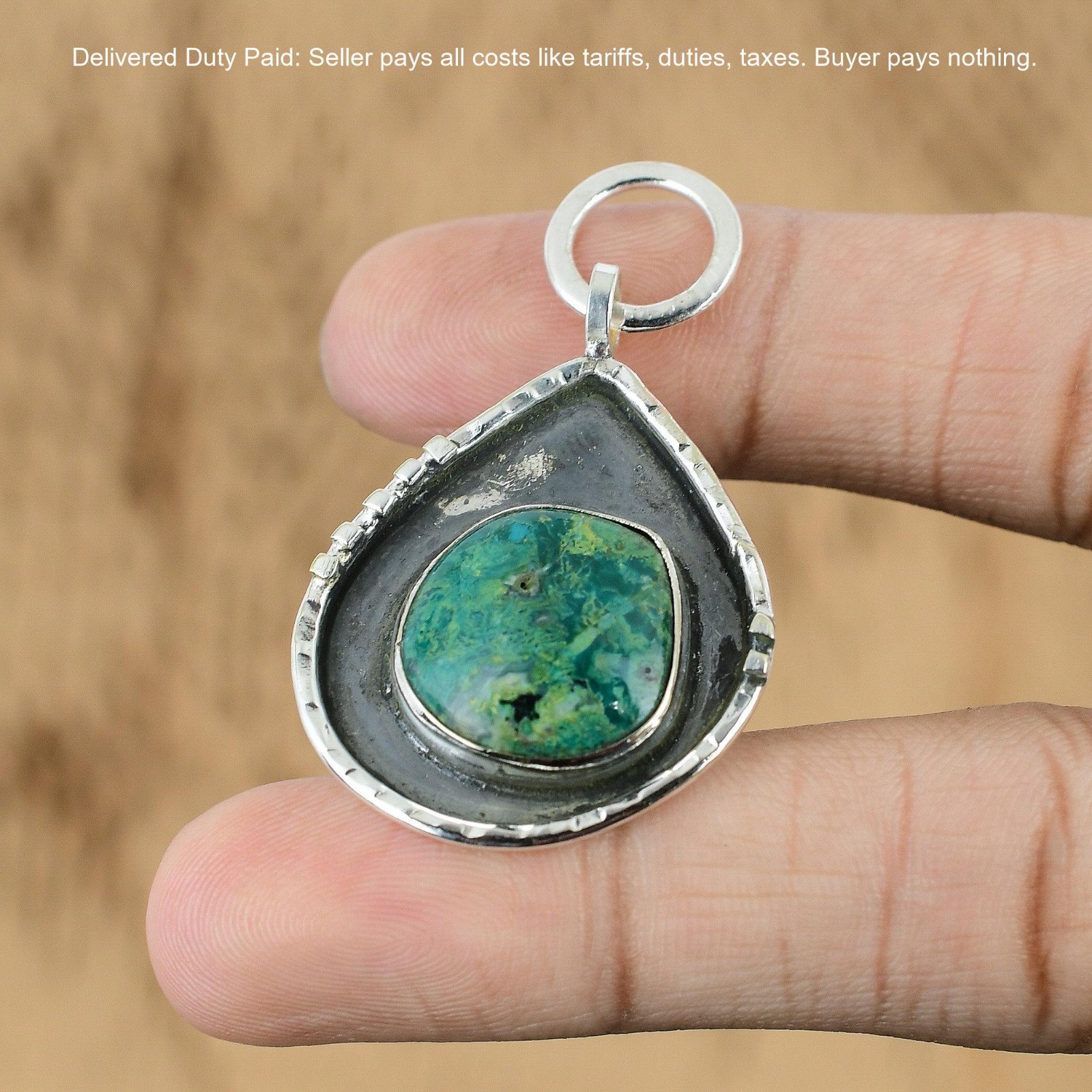925 Sterling Silver Oval Chrysocolla Gemstone Throat Chakra Boho Pendant Jewelry
