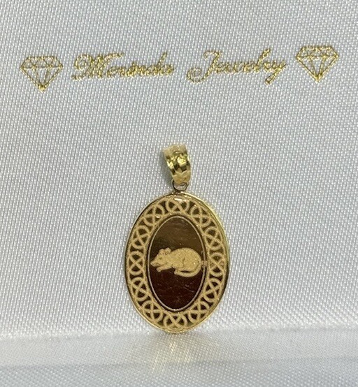 18k Solid Gold Zodiac Sign Rat Mouse Kid Adult Oval Charm Pendant, 1.82 Grams