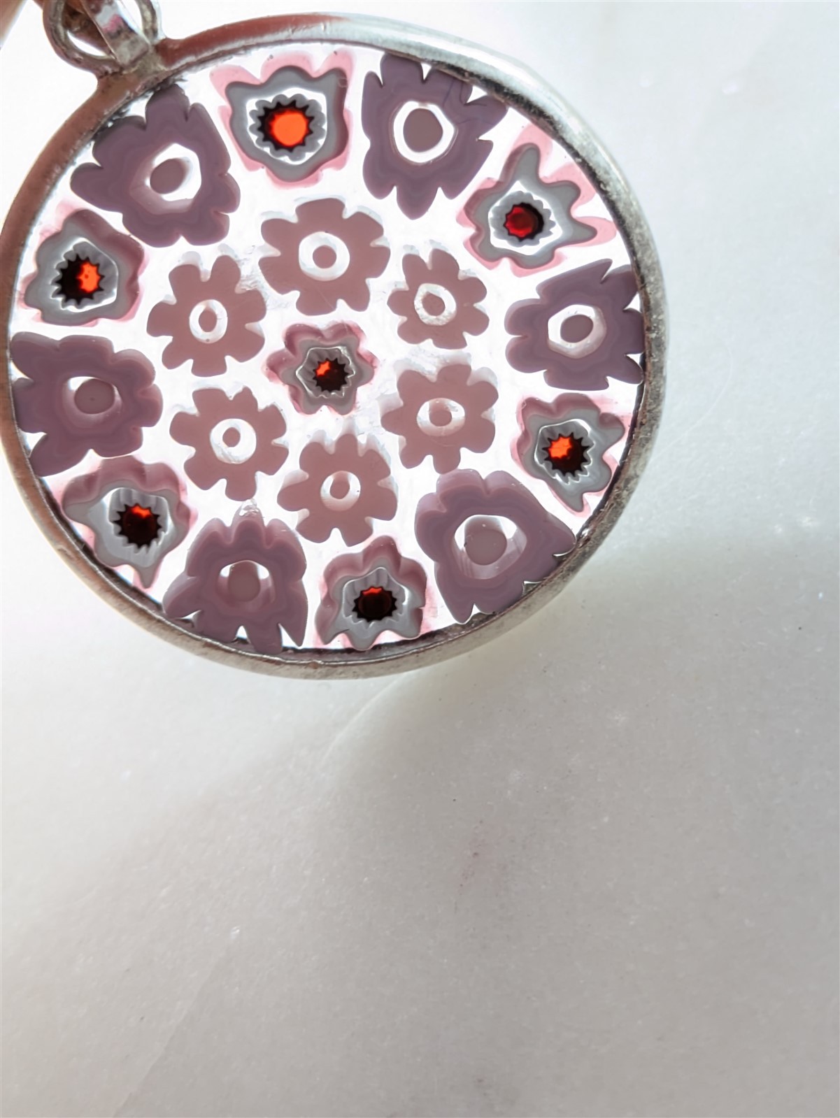 Vintage Solid Sterling Silver Pink and Red Millefiori Flowers Pendant 2 Grams