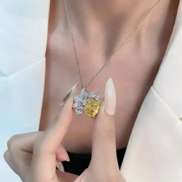 2.1CT Cushion Cut Lab Created Citrine Women Chain Pendant 14k White Gold Plated