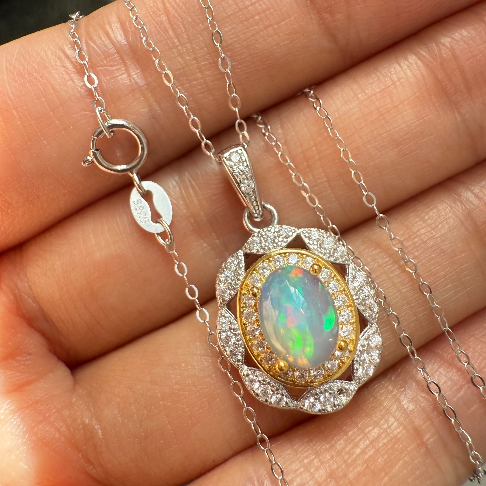 925 Sterling Silver Necklace 8x6mm Natural Opal 14K Gold Plated Flower Chain NEW