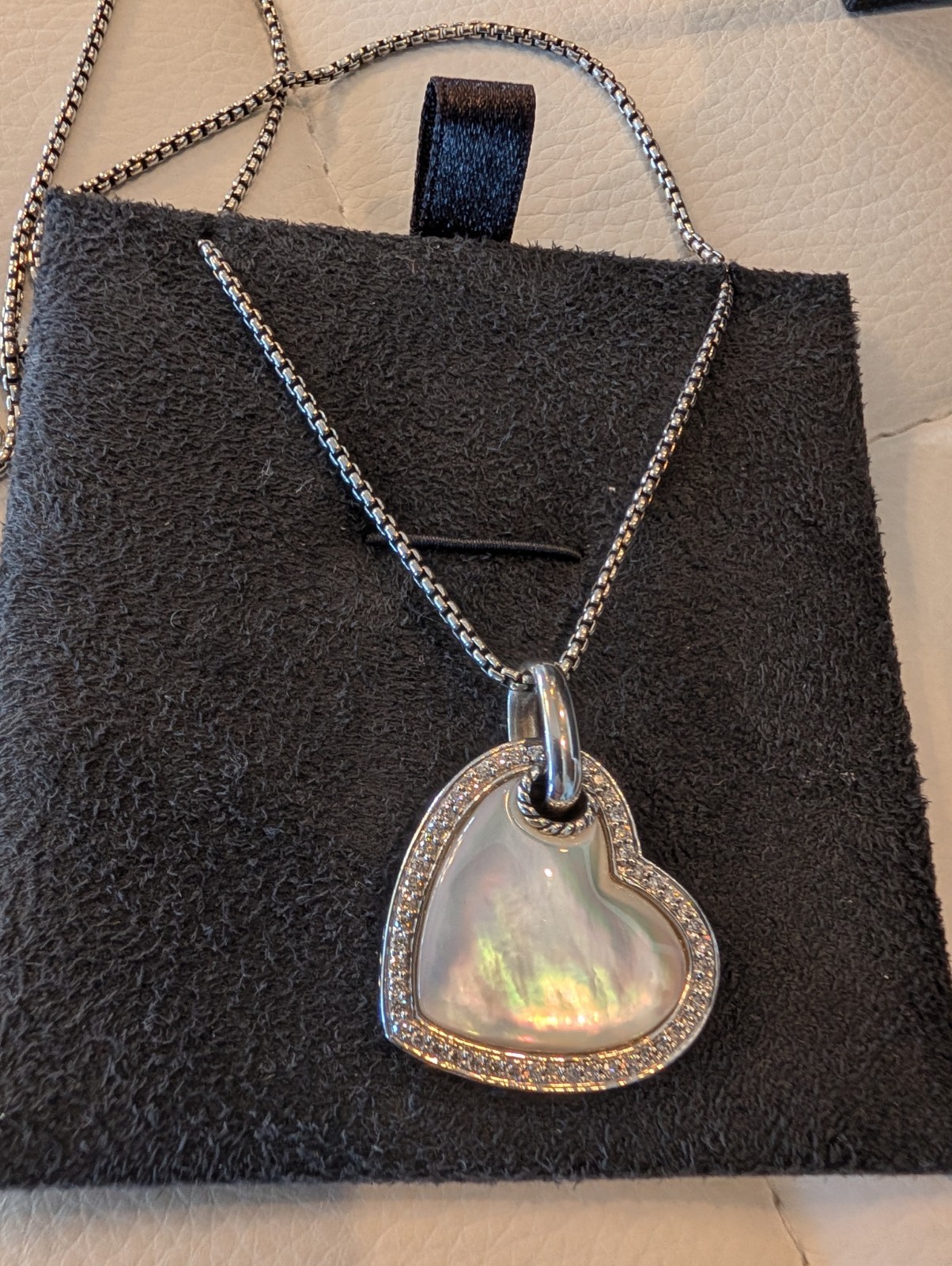 David Yurman Heart Diamond Mother Of Pearl Pendant Necklace 16-18″ Gorgeous New