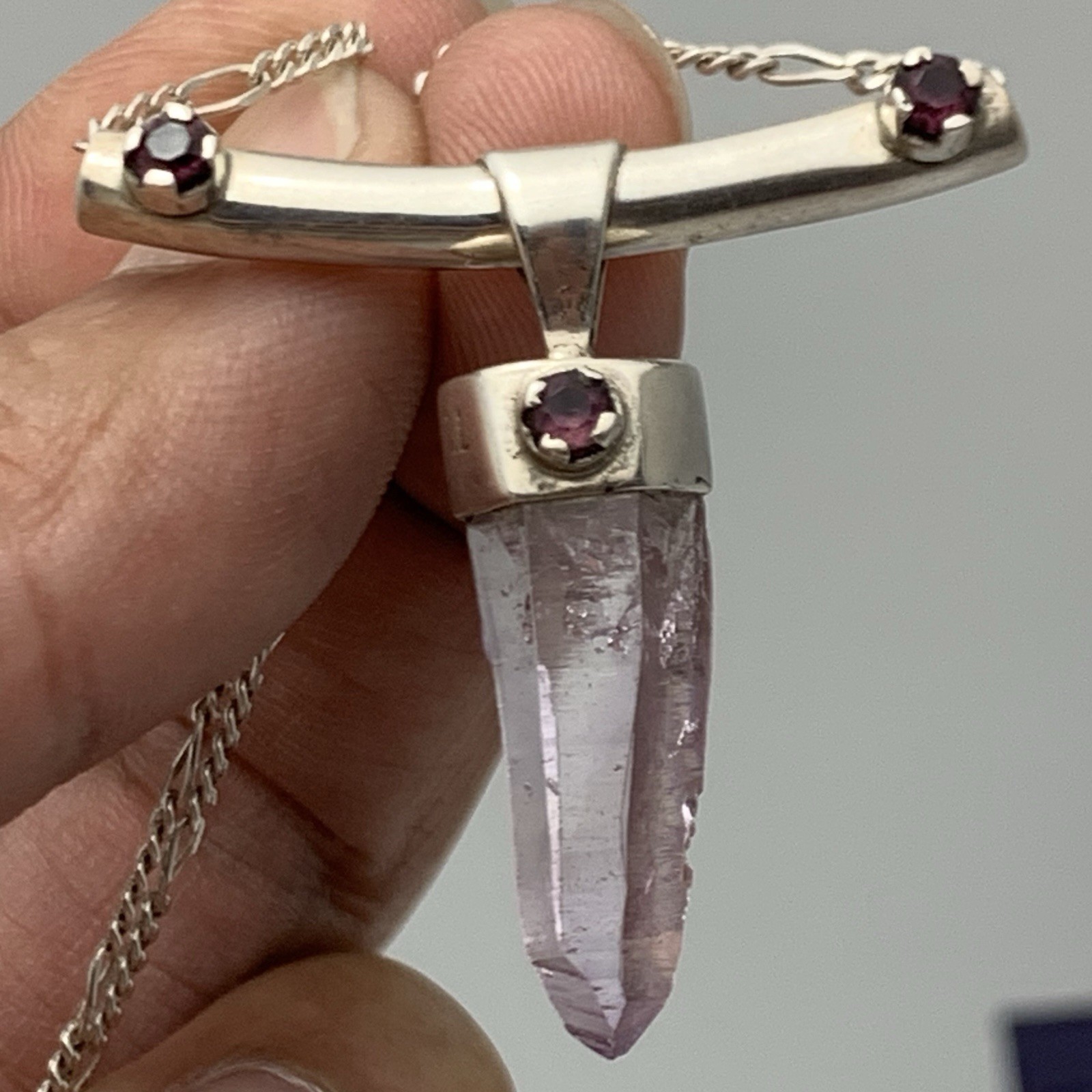 Sterling Silver Amethyst Point Pendant W/ Accent Garnet Necklace