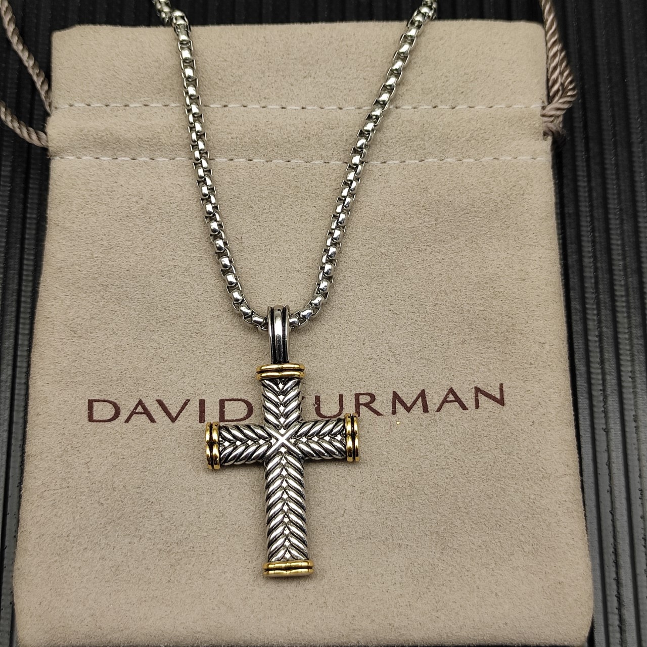 David Yurman Classic Cable Wire Cross Pendant 925Silver 18K Gold Necklace 19.6IN