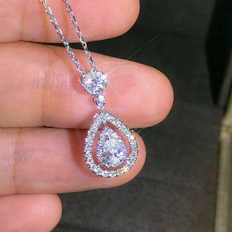 3 Ct Round Cut D/VVS1 Diamond Drop Shape Pendant 14K White Gold Over