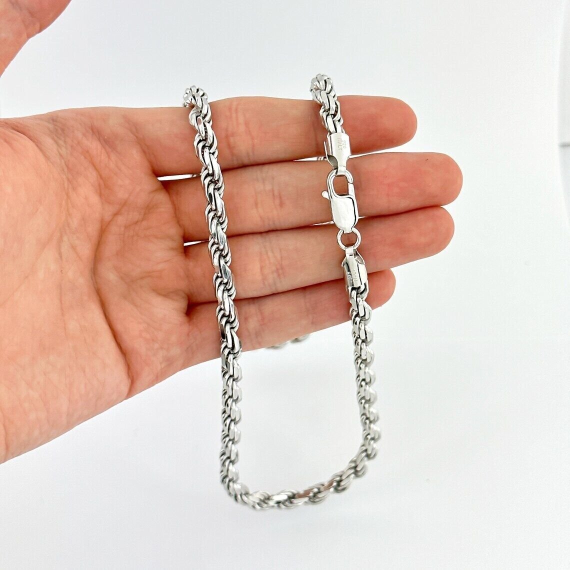 925 Sterling Silver Diamond Cut Rope Chain 5mm Mens Necklace Rhodium Finish