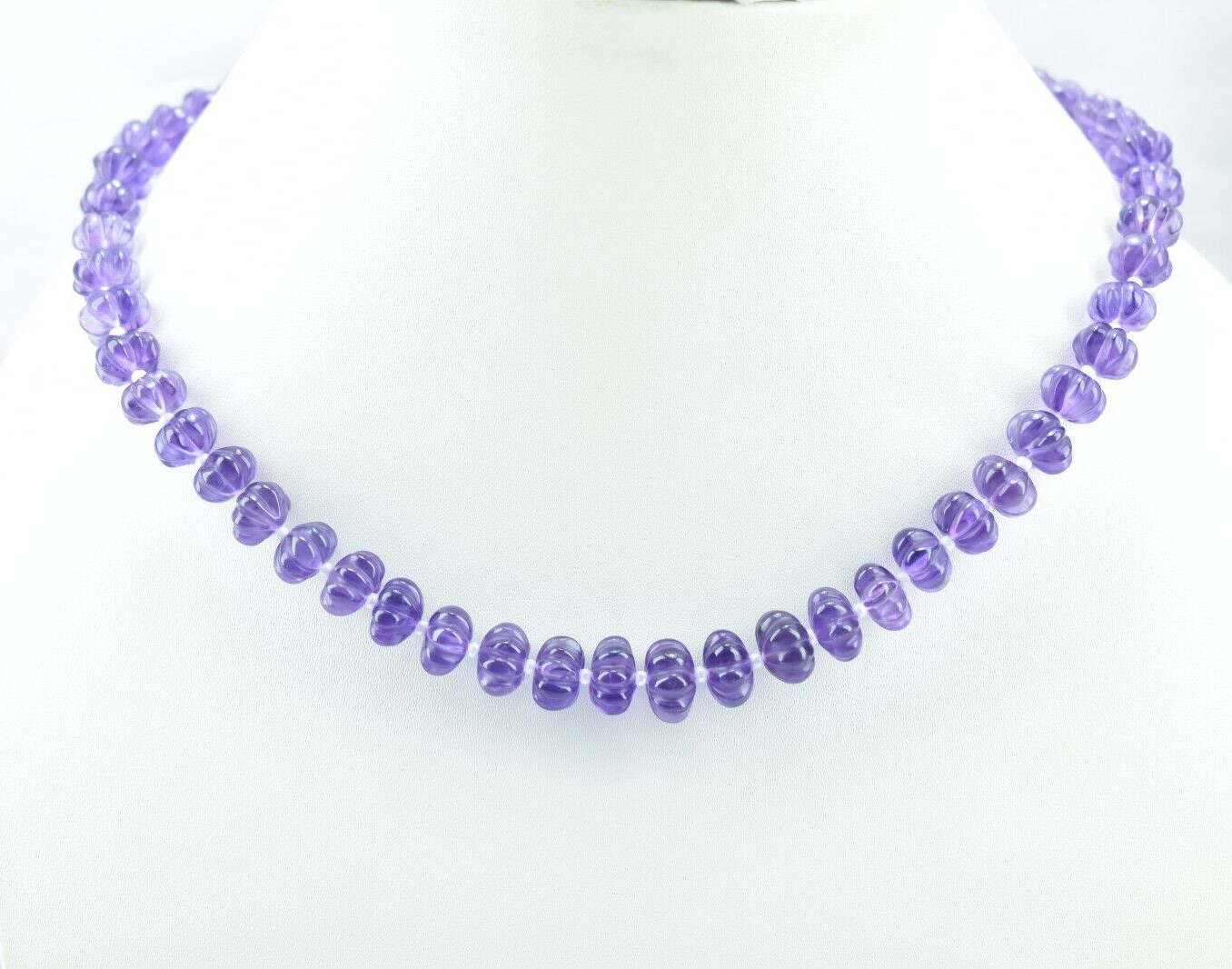 16″ African Amethyst Carved Melon Shape Beaded Necklace Sterling Silver 7.5-10mm