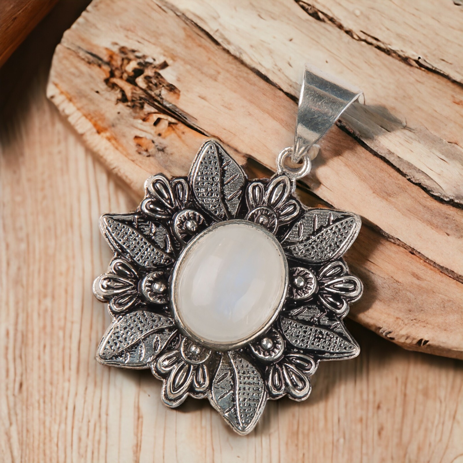 Anniversary Gift For Her Natural Rainbow Moonstone Pendant Vintage 925 Silver