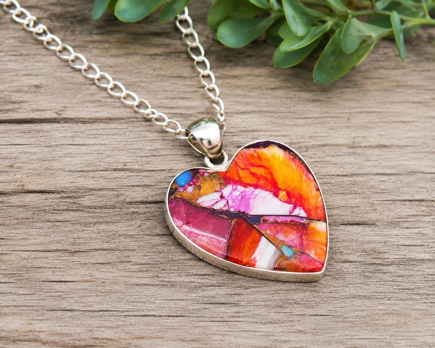 Spiny Oyster Turquoise Heart Pendant Necklace 925 Sterling Silver Free Chain