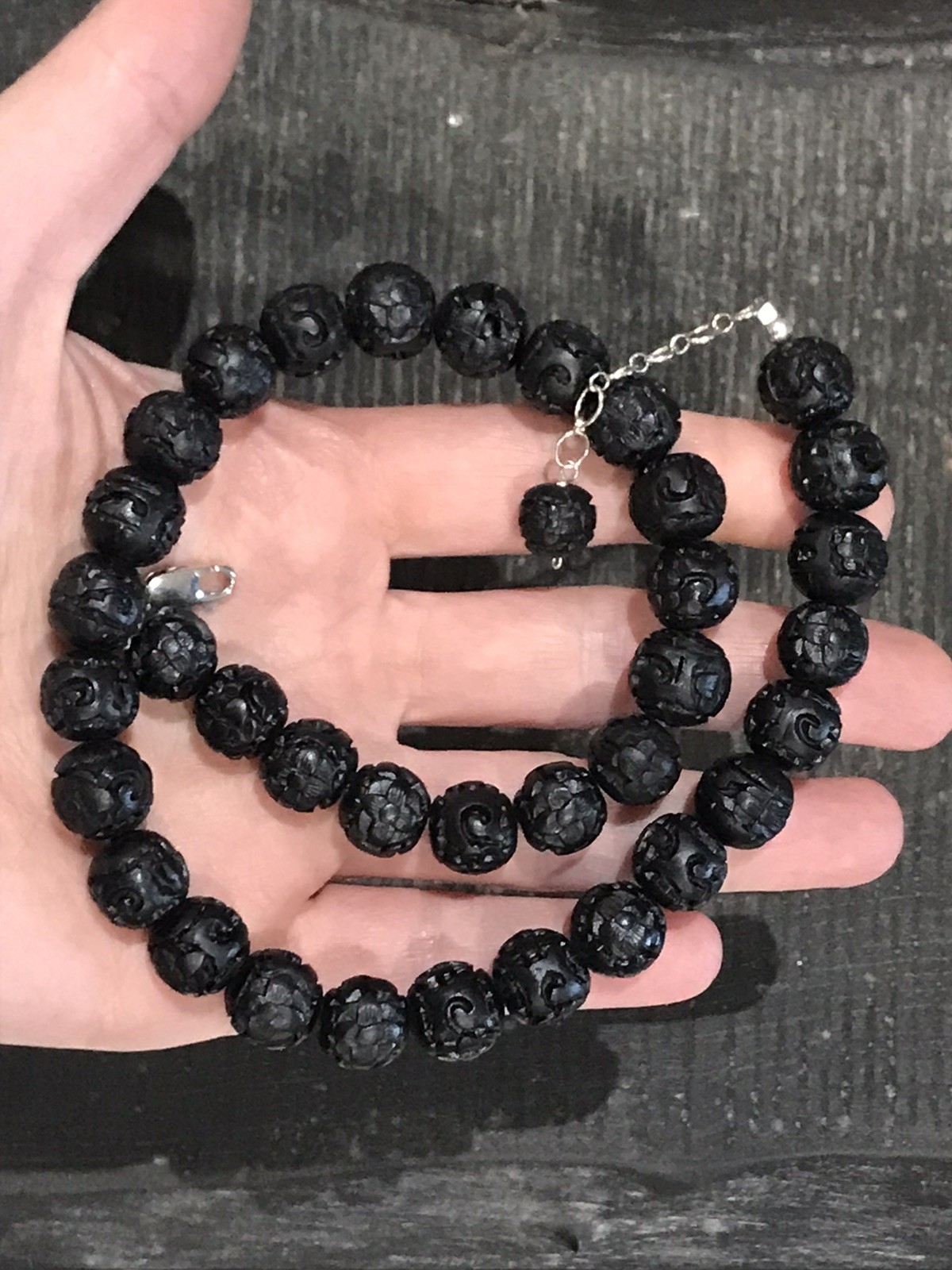 Sterling Silver 925 Black Plastic Beaded Textured Necklace 39.70 g 19” Unisex