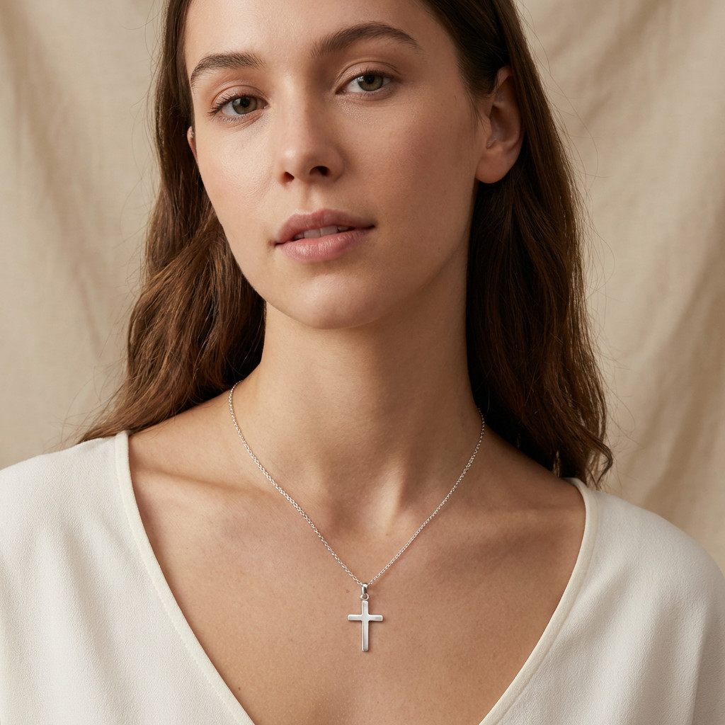 Sterling silver plain Cross pendant necklace with 18 inch chain and gift box